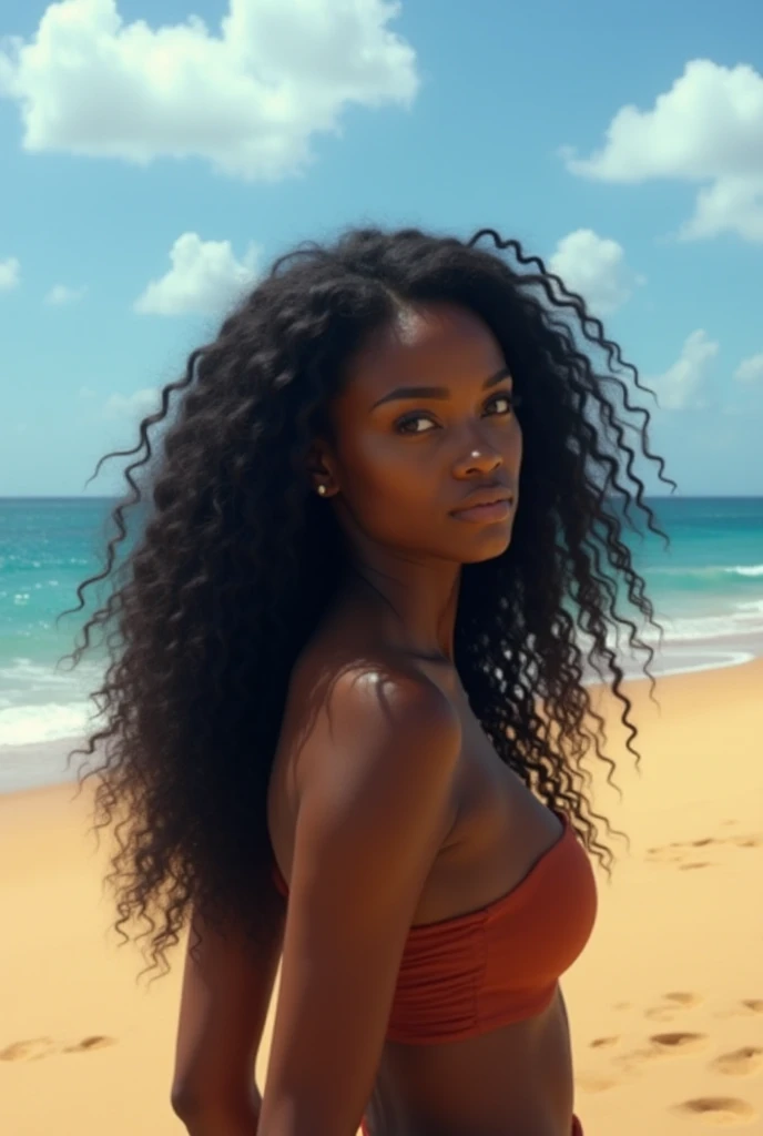 Black woman,background on beach,long curly hair,enjoying stop, HD picture quality,