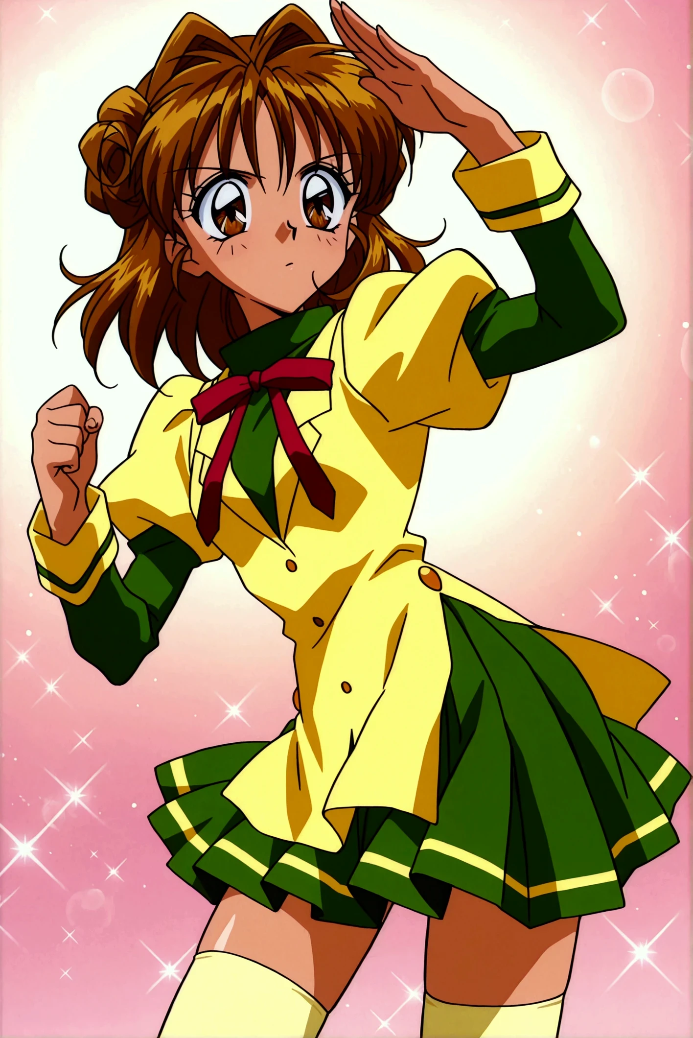 score_9,score_8_up,score_7_up,score_6_up,score_5_up,score_4_up,source_anime,(solo:1.5), masterpiece,highest quality,Super detailed,8k,High resolution,an extremely delicate and beautiful,Official Art,Perfect Anatomy,1990s \(style\),90s anime,90s anime style,retro artstyle,Cel-shaded anime,anime screencap,anime coloring,perfect face,beautiful,sexy,athletic body,shiny skin,(scale to fit the dimensions:1.2),
kmaron, 1girl, solo, brown eyes, brown hair, double bun, hair intakes, school uniform, red ribbon, juliet sleeves, puffy sleeves, beige thighhighs,dynamic pose, sexy pose,