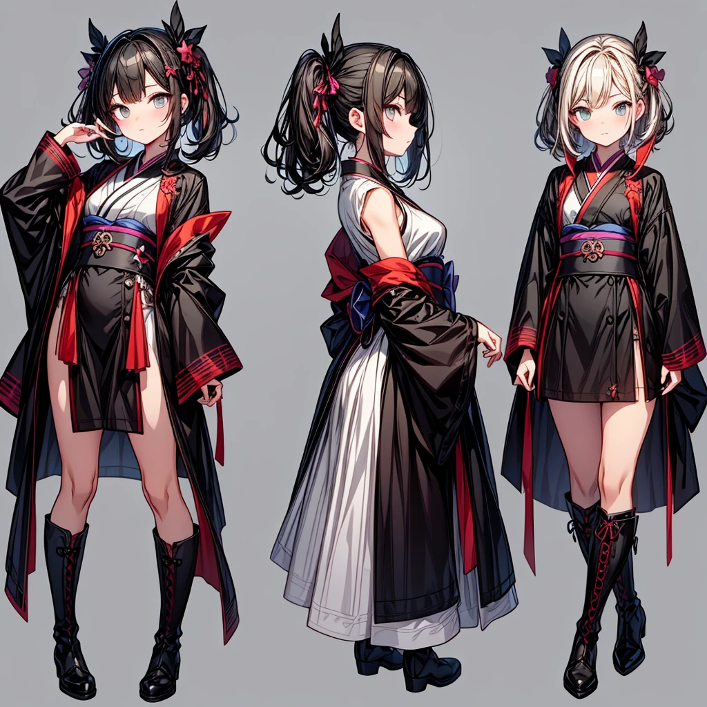 (La mejor calidad, anime, cuerpo completo, over size, illustration, hembra madura, chica mala, largo Pelo rojo, Mirando al espectador, ojos azules, senos grandes, saco negro, vestido corto rojos, (Character Design Sheet), Diferentes poses, different angles, turn around,