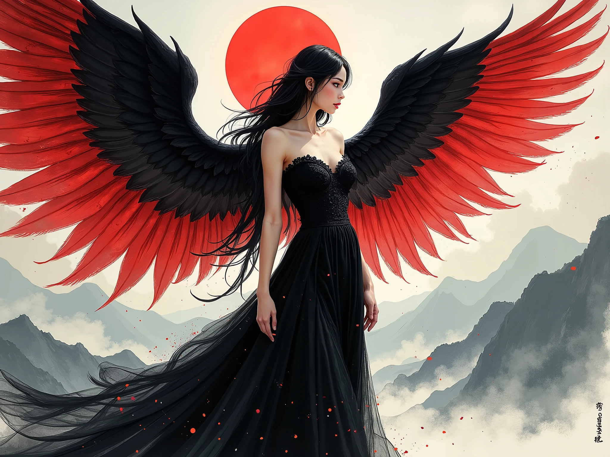 Detailed proportions and textures and multi-color with airbrushed brush strokes that presents a semi-realistic illustration in Chinese ink a female figure with striking, large wings. The wings are predominantly black with vibrant red accents, creating a dramatic contrast. The figure stands in a powerful pose, wearing a long, flowing black gown with intricate designs. Her skin is pale, and she has long, dark hair cascading down her shoulders. A glowing red halo hovers above her head, adding a mystical element. The background is a moody, cloudy sky with hints of mountains in the distance, enhancing the ethereal and otherworldly atmosphere of the scene.very balanced saturation in the color palettes very defined (Color with monochorome intense shaded tones and shine, tone red 25% + yellow 25% + blue 25% + biofluorescent 12.5%+ transparencias 12.5%. Aesthetic fusion by (Fibonacci ratio. A poupée realiste of a young girl ballet-like. female (Including a variety of pink skin and beige-dark tones that give it contrast and shine) character type. Fluid texture that gives the sensation of movement to the Thin, fine of leaves that moulds to the figure (her clothes with relief and folds give volume and depth to the character) style. Haute couture photoshoot (in high quality of full body). Sharp Highly Detailed Soft Focus, Approaching Perfection, Full HD 8K. High and Low Angles. of Coco Chanel, Gianni Versace, Alberto Vargas, Greg Rutkowsk art style fusion.