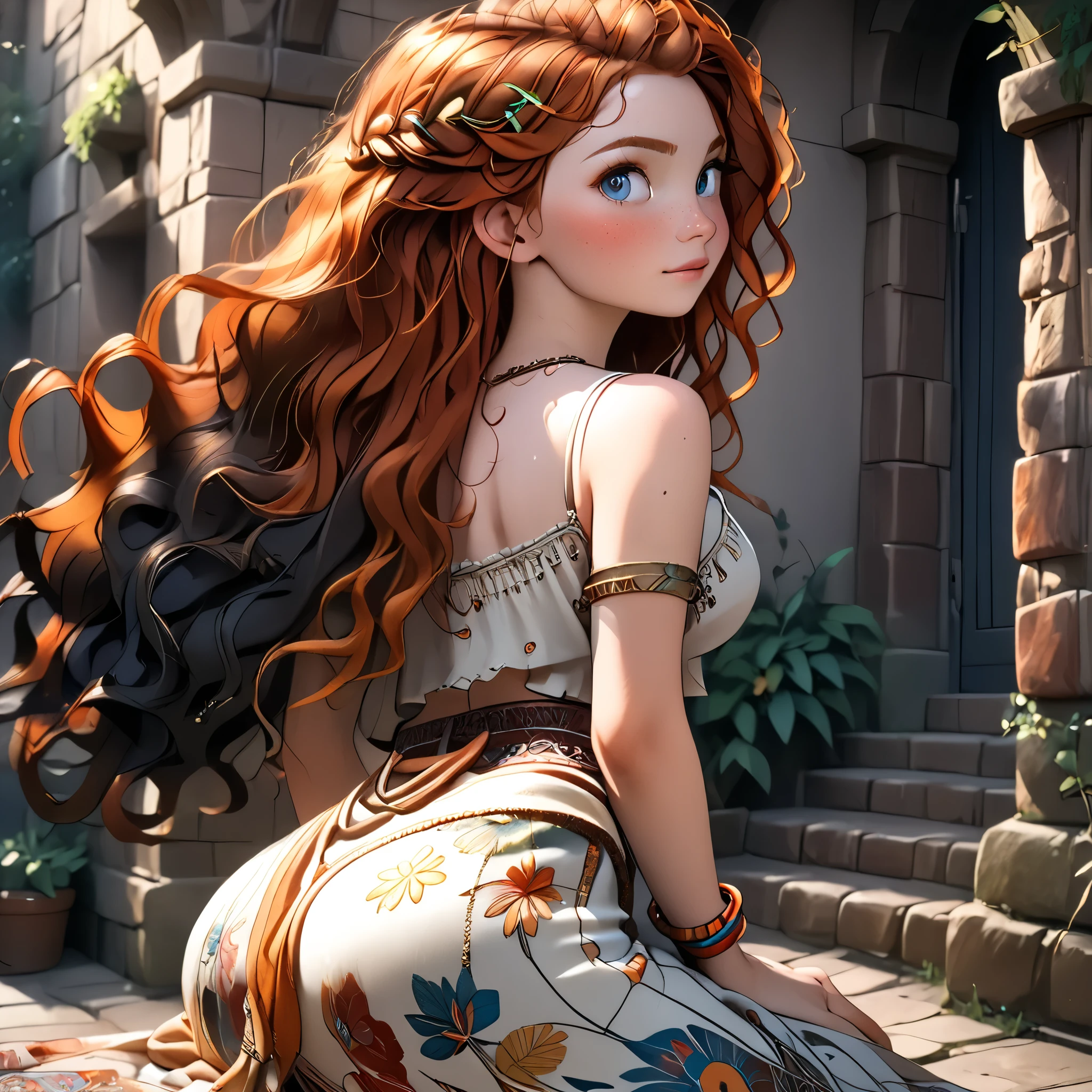 (beautiful girl:1.3),1girl,masterpiece,Highest quality,Ultra-high resolution,rich contrast,super high quality,8k,Highly detailed CG unit wallpaper,texture,Incredibly absurd,Ultra-high resolution,Highest quality anime,professional photograph,an extremely delicate and beautiful,RAW Photos,Depth of Field 1.2,ultra-detailed eyes,Glitter Effect, Beautiful glossy lips, 25years old, gorgeous legs, noise perfect, gorgeous ass, from behind, background random, Disney Princess Merida, full body, MeridaXLP, freckles, wavy hair, no bra, sensual woman, seductive woman, mature woman, Milf, maternal, shy look, dynamic pose, Boho Set (Adventure and Freedom): Top: Sleeveless linen blouse in terracotta tone with floral embroidery in white thread, with a "V" shaped neckline and thin straps. Bottom: Long skirt with a wrap-around cut, with a multicolor ethnic print in warm tones (red, orange and yellow). The skirt has a lace fringe at the bottom edge. Shoes: Brown leather sandals with thin straps and beaded details. Accessories: Wooden bracelets, silver rings and a straw bag with leather details.