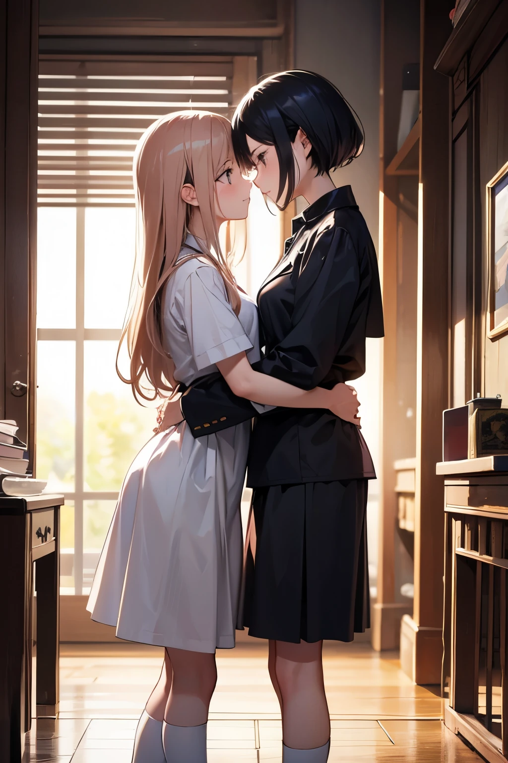 Stand up、Embrace each other、Staring at each other、Two women