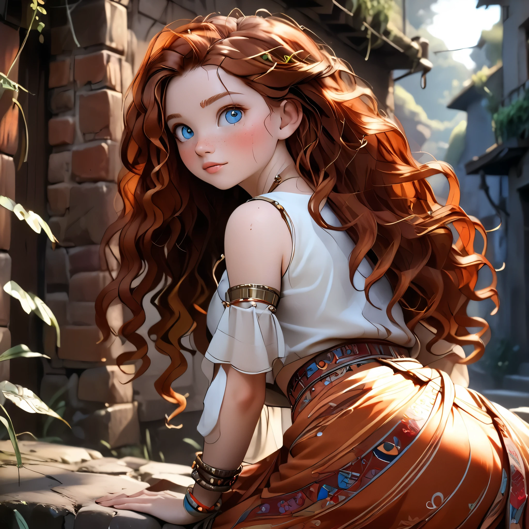 (beautiful girl:1.3),1girl,masterpiece,Highest quality,Ultra-high resolution,rich contrast,super high quality,8k,Highly detailed CG unit wallpaper,texture,Incredibly absurd,Ultra-high resolution,Highest quality anime,professional photograph,an extremely delicate and beautiful,RAW Photos,Depth of Field 1.2,ultra-detailed eyes,Glitter Effect, Beautiful glossy lips, 25years old, gorgeous legs, noise perfect, gorgeous ass, from behind, background random, Disney Princess Merida, full body, MeridaXLP, freckles, wavy hair, no bra, sensual woman, seductive woman, mature woman, Milf, maternal, shy look, dynamic pose, Boho Set (Adventure and Freedom): Top: Sleeveless linen blouse in terracotta tone with floral embroidery in white thread, with a "V" shaped neckline and thin straps. Bottom: Long skirt with a wrap-around cut, with a multicolor ethnic print in warm tones (red, orange and yellow). The skirt has a lace fringe at the bottom edge. Shoes: Brown leather sandals with thin straps and beaded details. Accessories: Wooden bracelets, silver rings and a straw bag with leather details.