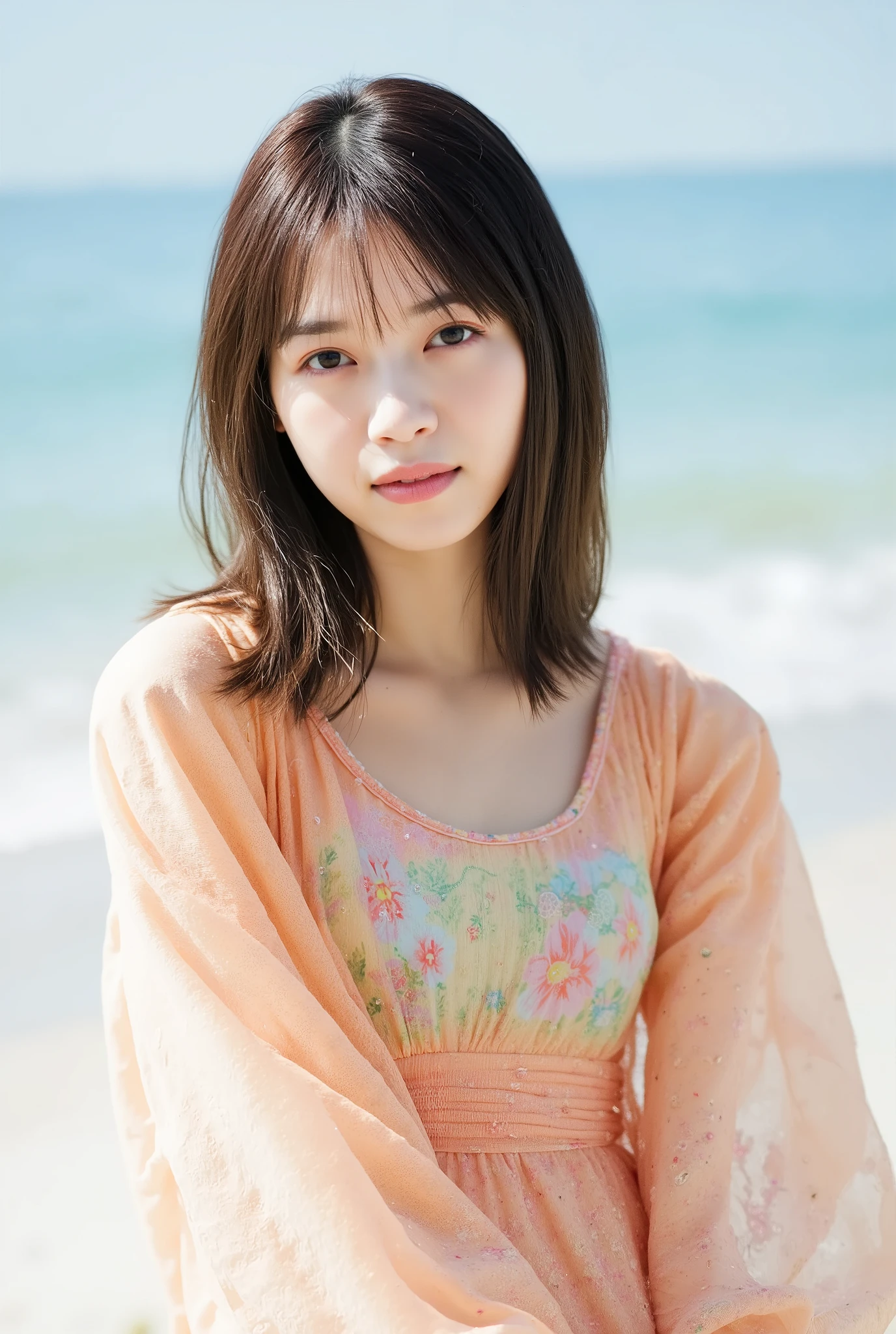 (masterpiece), (best quality), (highly detailed), (shape), (single woman), ((medium long hair)), (((floral micro bikini standing))), fashion model, showing to the viewer, (interview), (beach), beautiful details, delicate and beautiful face like a prostitute, (shiny bounce), colorful bubbles, (shiny), hair ring, floating hair, (shiny), best lighting, best shadows