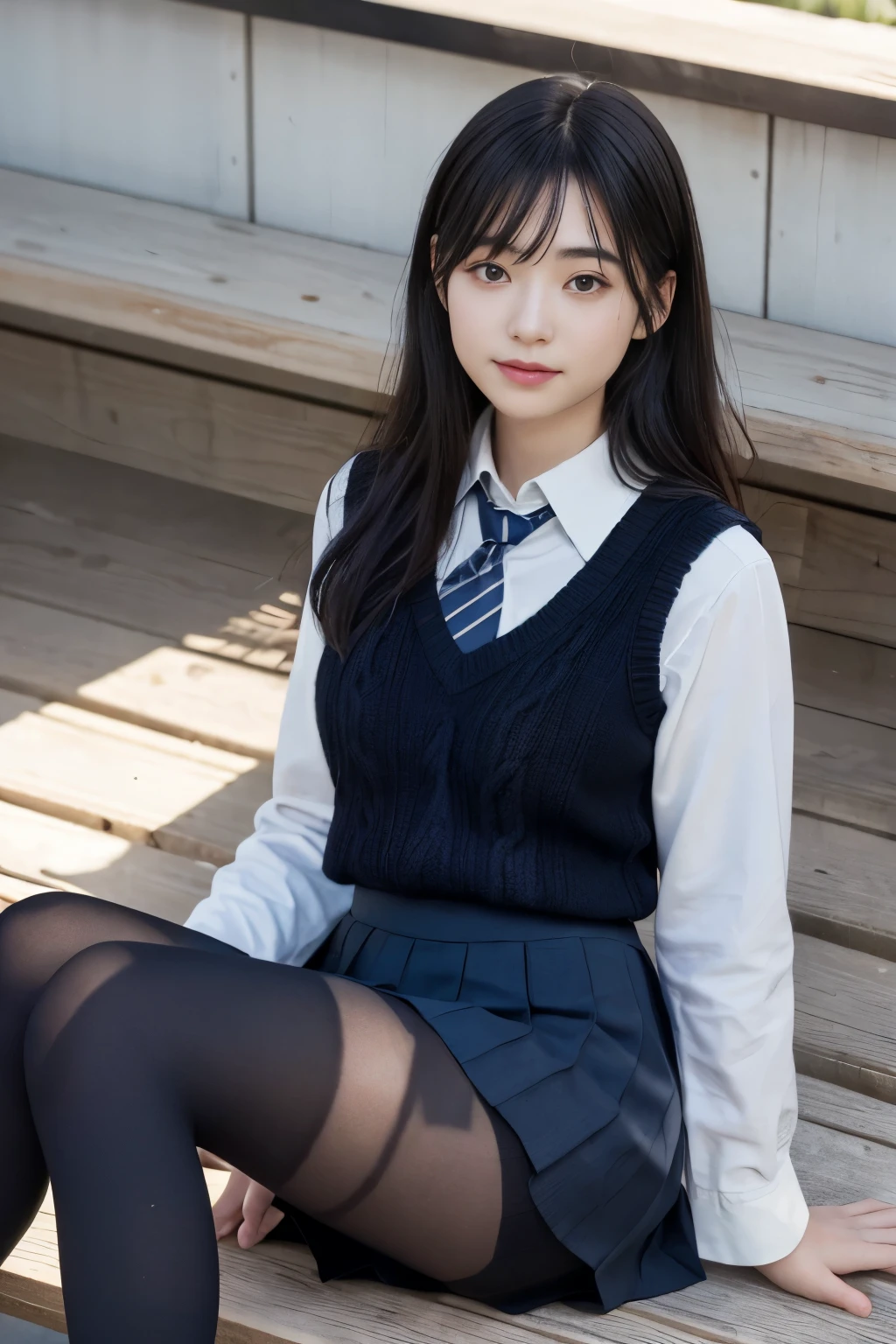 (8K), (highest quality: 1.2), (realistic), (realistic: 1.37), ultra high resolution, (1 girl、), cute, smile, closed mouth, beautiful details, beautiful nose, wet hair, giant dulcefo, pork, thighs，Self snap,High school Student Uniform,(A simple navy blue blazer),pleated skirt,(The skirt and tie are gray tartan check pattern....:1.3),(sitting:1), sit on the ground,(hug your feet:1),white pantyhose,from the front,knees、loafers、Low - Angle、Checkered Pleated Skirt、Ponytail 1.2、Knee-high socks、barefoot、((Between the legs、Panties that fit the female genitals、White panties))