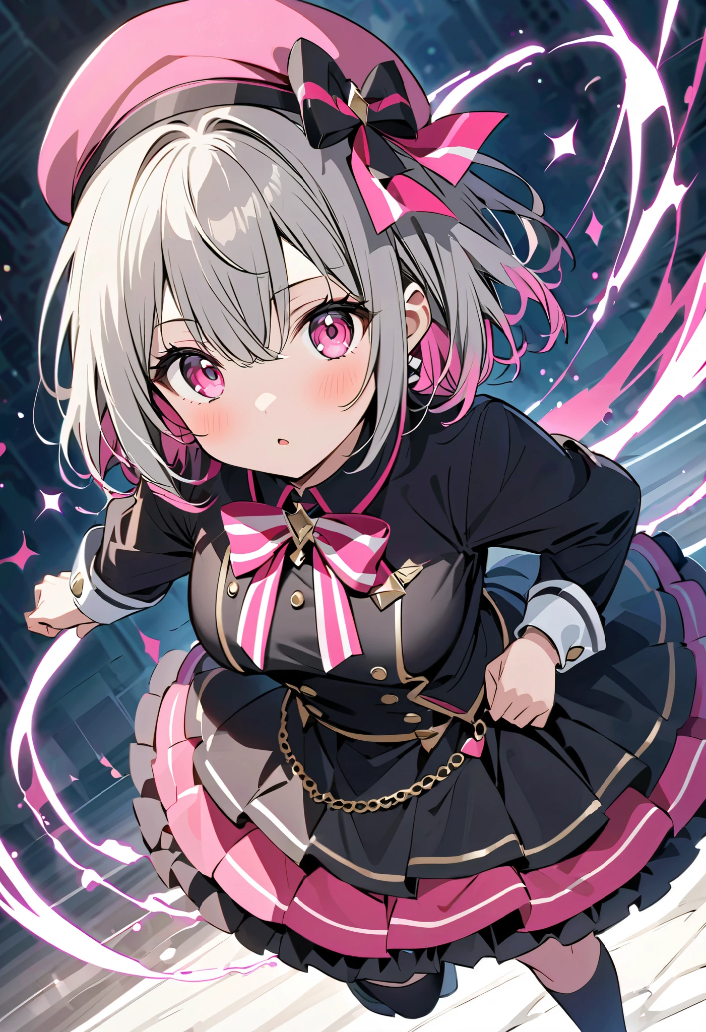  black costume、 black dress 、Gray Hair、Gray Hairに毛先はピンク、 black long sleeve dress ロングスカート、  pink ribbon がついたblack knee high socks、  pink ribbon 、  idol costume 、White medium hair with pink tips 、Pink hair with pink tips、Black long sleeve dress 、Beautiful Absolute Realm  、whole body、Black knee socks、 black long sleeve dress 、白く  short hair 、Beautiful Absolute Realm  、Alone、Black knee hogh socks with small pink ribbon、、Depiction of fine eyes 、  short hair 、