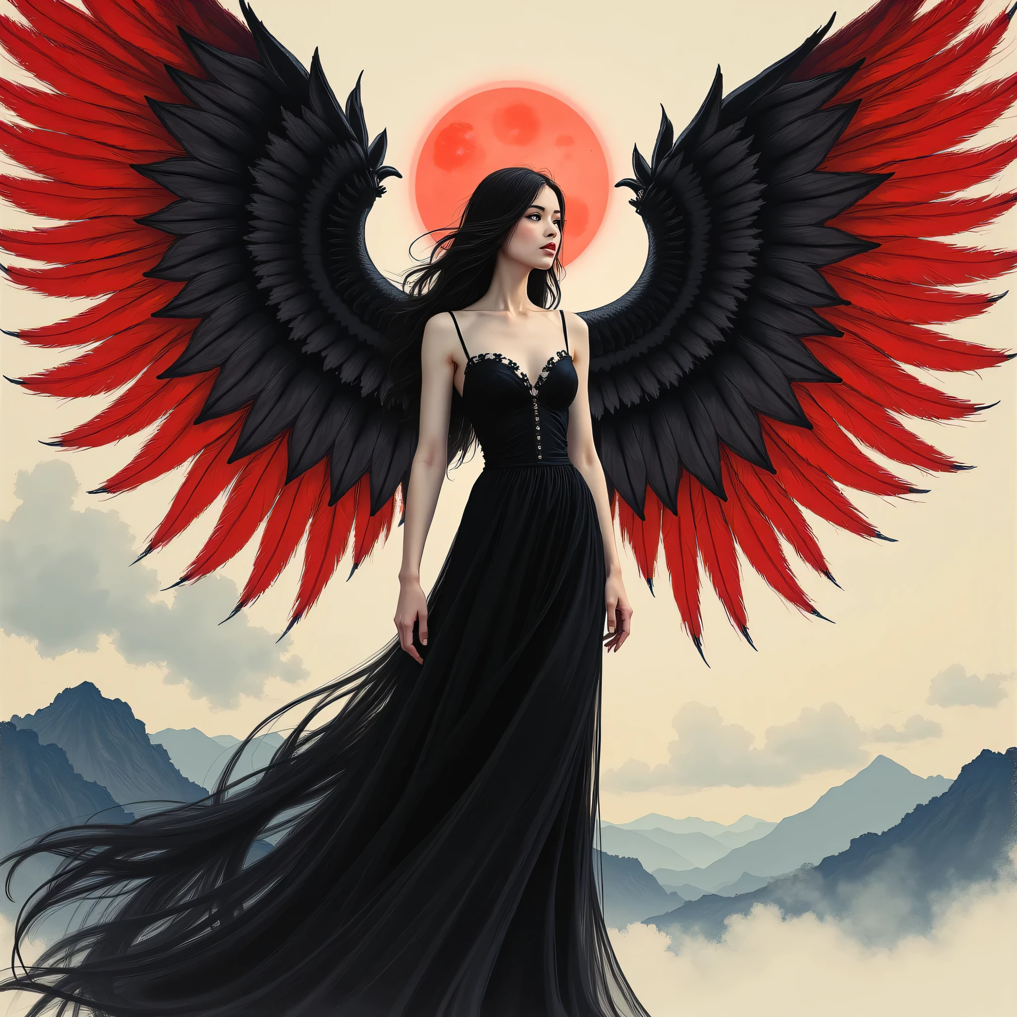 Detailed proportions and textures and multi-color with airbrushed brush strokes that presents a semi-realistic illustration in Chinese ink a female figure with striking, large wings. The wings are predominantly black with vibrant red accents, creating a dramatic contrast. The figure stands in a powerful pose, wearing a long, flowing black gown with intricate designs. Her skin is pale, and she has long, dark hair cascading down her shoulders. A glowing red halo hovers above her head, adding a mystical element. The background is a moody, cloudy sky with hints of mountains in the distance, enhancing the ethereal and otherworldly atmosphere of the scene.very balanced saturation in the color palettes very defined (Color with monochorome intense shaded tones and shine, tone red 25% + yellow 25% + blue 25% + biofluorescent 12.5%+ transparencias 12.5%. Aesthetic fusion by (Fibonacci ratio. A poupée realiste of a young girl ballet-like. female (Including a variety of pink skin and beige-dark tones that give it contrast and shine) character type. Fluid texture that gives the sensation of movement to the Thin, fine of leaves that moulds to the figure (her clothes with relief and folds give volume and depth to the character) style. Haute couture photoshoot (in high quality of full body). Sharp Highly Detailed Soft Focus, Approaching Perfection, Full HD 8K. High and Low Angles. of Coco Chanel, Gianni Versace, Alberto Vargas, Greg Rutkowsk art style fusion.