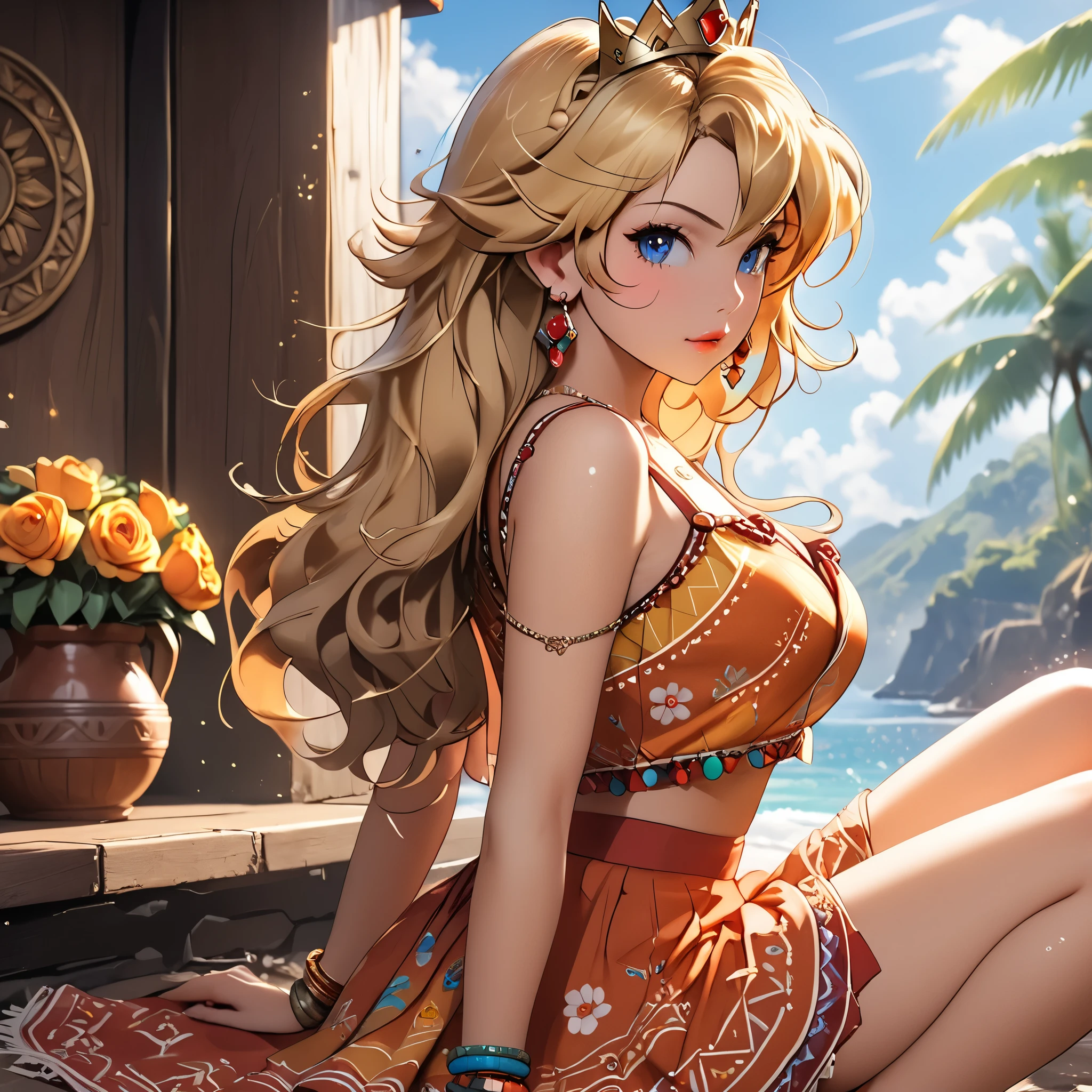(beautiful girl:1.3),1girl,masterpiece,Highest quality,Ultra-high resolution,rich contrast,super high quality,8k,Highly detailed CG unit wallpaper,texture,Incredibly absurd,Ultra-high resolution,Highest quality anime,professional photograph,an extremely delicate and beautiful,RAW Photos,Depth of Field 1.2,ultra-detailed eyes,Glitter Effect,Beautiful glossy lips, 25years old, gorgeous legs, noise perfect, gorgeous ass, dynamic pose, sensual woman, seductive woman, mature woman, Milf, maternal, shy look, full body, Princess Peach, 1girl, blonde hair, long hair, blue eyes, crown, jewelry, earrings, (type of photo: medium shot, portraying the person from head to waist), Boho Set (Adventure and Freedom): Top: Sleeveless linen blouse in terracotta tone with floral embroidery in white thread, with a "V" shaped neckline and thin straps.
Bottom: Long skirt with a wrap-around cut, with a multicolor ethnic print in warm tones (red, orange and yellow). The skirt has a lace fringe at the bottom edge.
Shoes: Brown leather sandals with thin straps and beaded details. Accessories: Wooden bracelets, silver rings and a straw bag with leather details.