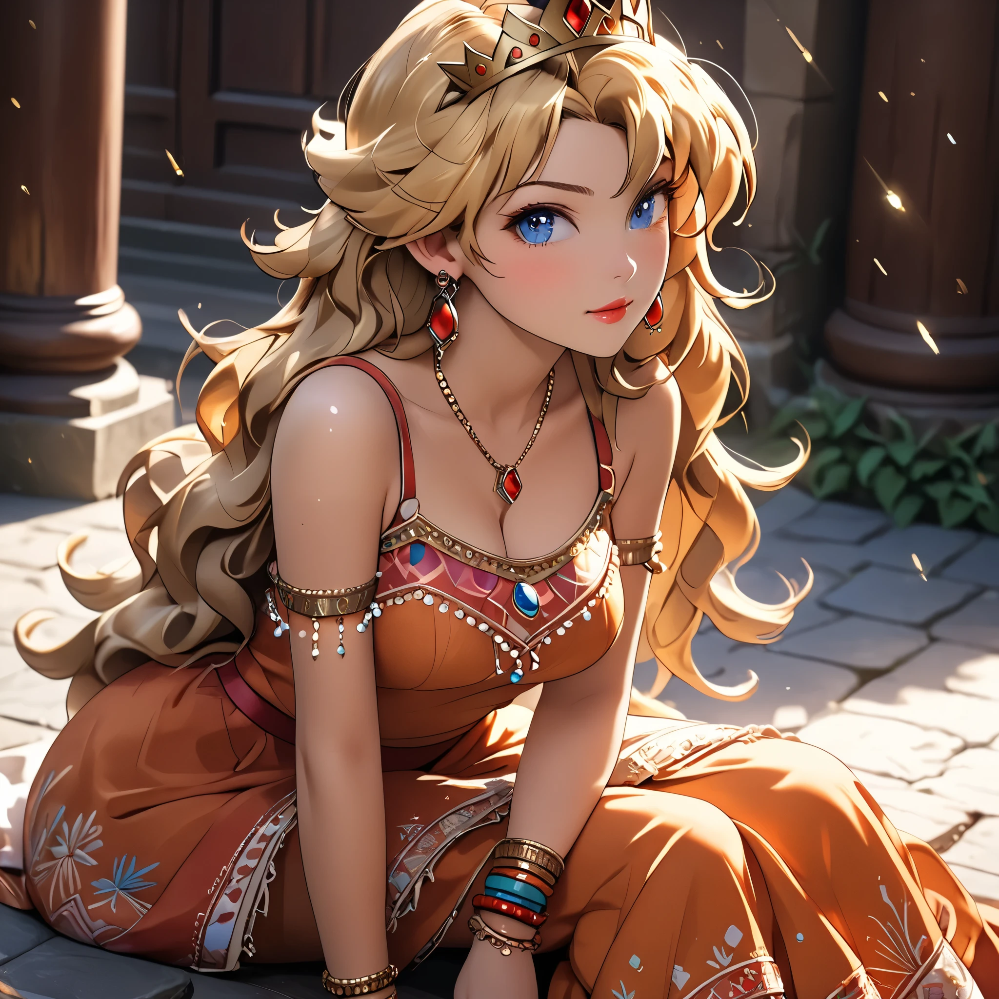 (beautiful girl:1.3),1girl,masterpiece,Highest quality,Ultra-high resolution,rich contrast,super high quality,8k,Highly detailed CG unit wallpaper,texture,Incredibly absurd,Ultra-high resolution,Highest quality anime,professional photograph,an extremely delicate and beautiful,RAW Photos,Depth of Field 1.2,ultra-detailed eyes,Glitter Effect,Beautiful glossy lips, 25years old, gorgeous legs, noise perfect, gorgeous ass, dynamic pose, sensual woman, seductive woman, mature woman, Milf, maternal, shy look, full body, Princess Peach, 1girl, blonde hair, long hair, blue eyes, crown, jewelry, earrings, (type of photo: medium shot, portraying the person from head to waist), Boho Set (Adventure and Freedom): Top: Sleeveless linen blouse in terracotta tone with floral embroidery in white thread, with a "V" shaped neckline and thin straps.
Bottom: Long skirt with a wrap-around cut, with a multicolor ethnic print in warm tones (red, orange and yellow). The skirt has a lace fringe at the bottom edge.
Shoes: Brown leather sandals with thin straps and beaded details. Accessories: Wooden bracelets, silver rings and a straw bag with leather details.
