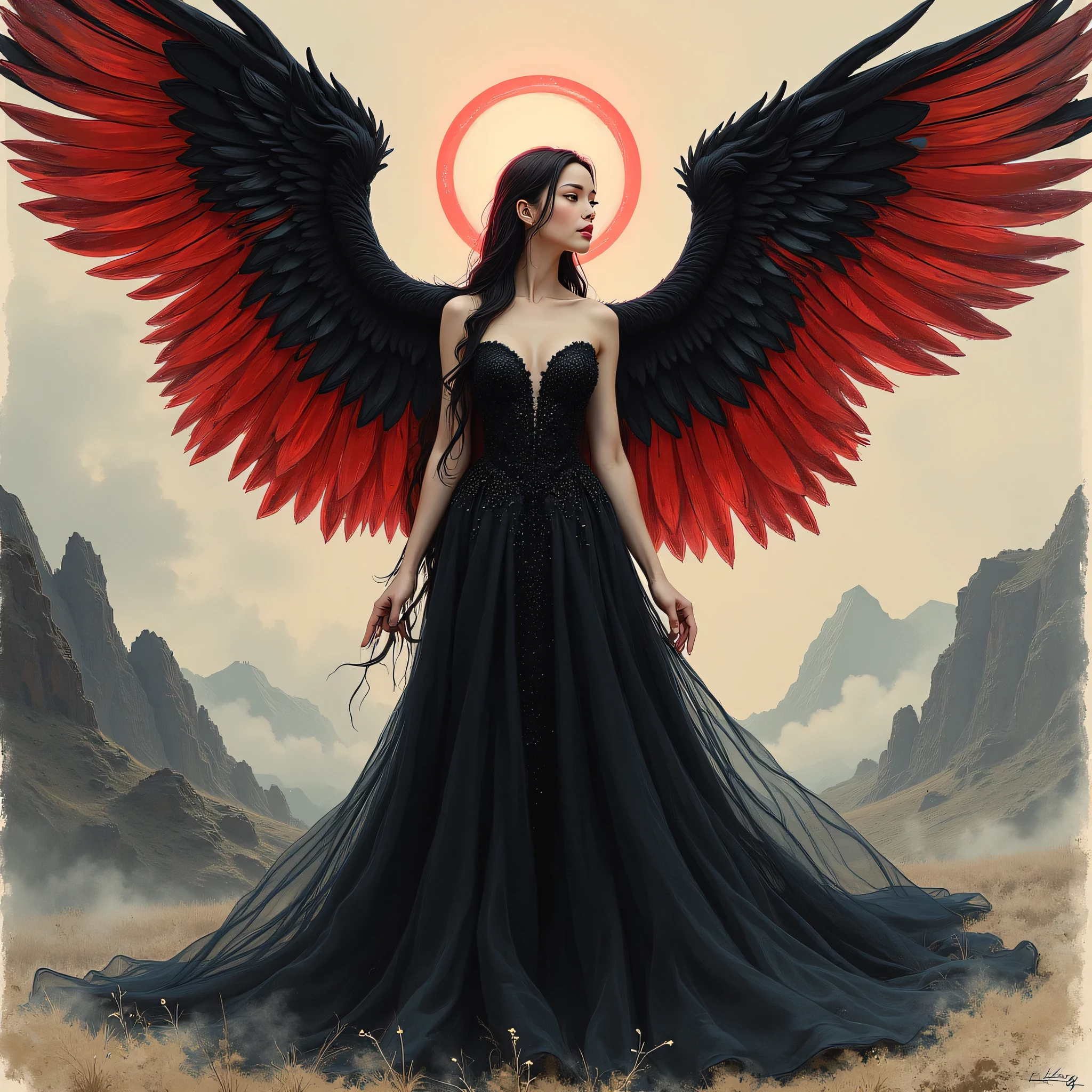 Detailed proportions and textures and multi-color with airbrushed brush strokes that presents a semi-realistic illustration in Chinese ink a female figure with striking, large wings. The wings are predominantly black with vibrant red accents, creating a dramatic contrast. The figure stands in a powerful pose, wearing a long, flowing black gown with intricate designs. Her skin is pale, and she has long, dark hair cascading down her shoulders. A glowing red halo hovers above her head, adding a mystical element. The background is a moody, cloudy sky with hints of mountains in the distance, enhancing the ethereal and otherworldly atmosphere of the scene.very balanced saturation in the color palettes very defined (Color with monochorome intense shaded tones and shine, tone red 25% + yellow 25% + blue 25% + biofluorescent 12.5%+ transparencias 12.5%. Aesthetic fusion by (Fibonacci ratio. A poupée realiste of a young girl ballet-like. female (Including a variety of pink skin and beige-dark tones that give it contrast and shine) character type. Fluid texture that gives the sensation of movement to the Thin, fine of leaves that moulds to the figure (her clothes with relief and folds give volume and depth to the character) style. Haute couture photoshoot (in high quality of full body). Sharp Highly Detailed Soft Focus, Approaching Perfection, Full HD 8K. High and Low Angles. of Coco Chanel, Gianni Versace, Alberto Vargas, Greg Rutkowsk art style fusion.