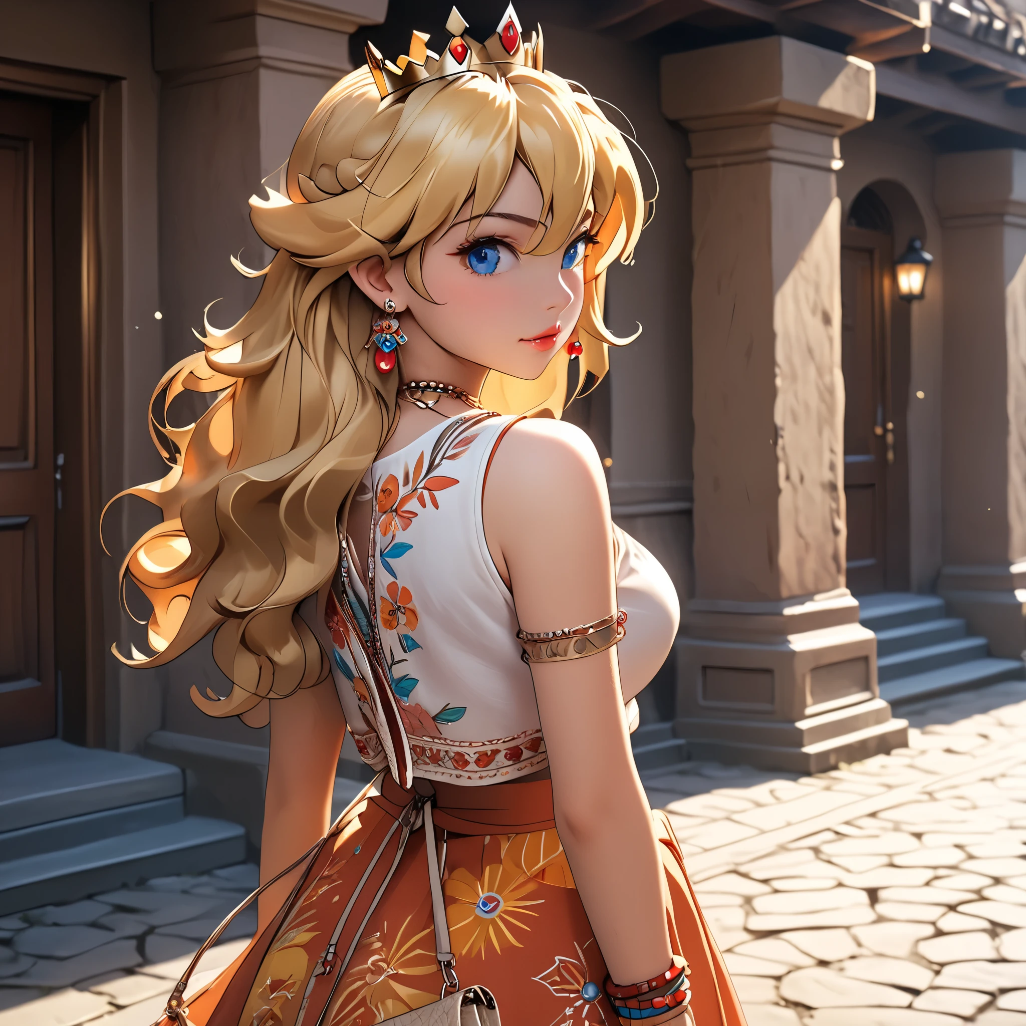 (beautiful girl:1.3),1girl,masterpiece,Highest quality,Ultra-high resolution,rich contrast,super high quality,8k,Highly detailed CG unit wallpaper,texture,Incredibly absurd,Ultra-high resolution,Highest quality anime,professional photograph,an extremely delicate and beautiful,RAW Photos,Depth of Field 1.2,ultra-detailed eyes,Glitter Effect,Beautiful glossy lips, 25years old, gorgeous legs, noise perfect, gorgeous ass, dynamic pose, sensual woman, seductive woman, mature woman, Milf, maternal, shy look, full body, Princess Peach, 1girl, blonde hair, long hair, blue eyes, crown, jewelry, earrings, (type of photo: medium shot, portraying the person from head to waist), Boho Set (Adventure and Freedom): Top: Sleeveless linen blouse in terracotta tone with floral embroidery in white thread, with a "V" shaped neckline and thin straps. Bottom: Long skirt with a wrap-around cut, with a multicolor ethnic print in warm tones (red, orange and yellow). The skirt has a lace fringe at the bottom edge. Shoes: Brown leather sandals with thin straps and beaded details. Accessories: Wooden bracelets, silver rings and a straw bag with leather details.