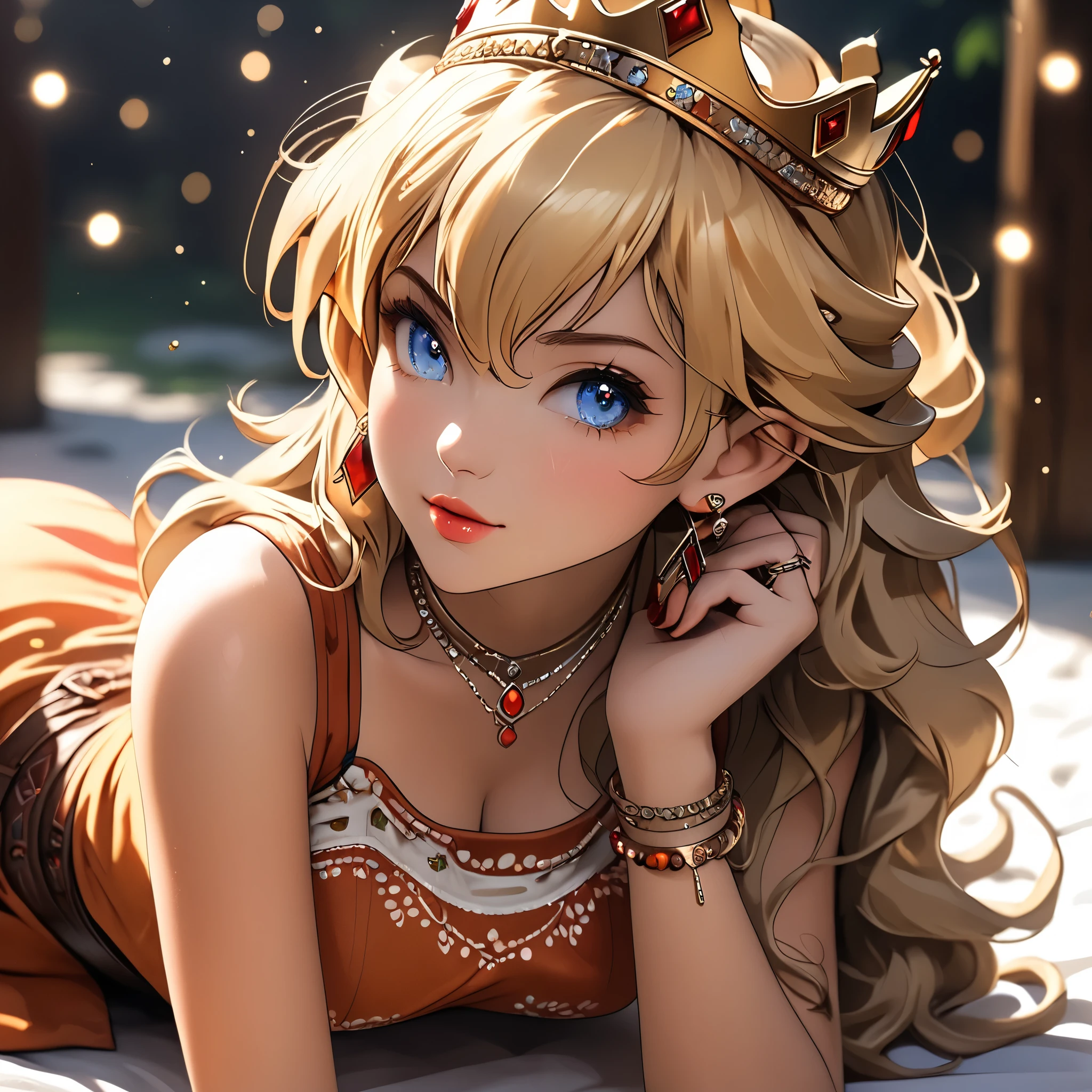 (beautiful girl:1.3),1girl,masterpiece,Highest quality,Ultra-high resolution,rich contrast,super high quality,8k,Highly detailed CG unit wallpaper,texture,Incredibly absurd,Ultra-high resolution,Highest quality anime,professional photograph,an extremely delicate and beautiful,RAW Photos,Depth of Field 1.2,ultra-detailed eyes,Glitter Effect,Beautiful glossy lips, 25years old, gorgeous legs, noise perfect, gorgeous ass, dynamic pose, sensual woman, seductive woman, mature woman, Milf, maternal, shy look, full body, Princess Peach, 1girl, blonde hair, long hair, blue eyes, crown, jewelry, earrings, (type of photo: medium shot, portraying the person from head to waist), Boho Set (Adventure and Freedom): Top: Sleeveless linen blouse in terracotta tone with floral embroidery in white thread, with a "V" shaped neckline and thin straps. Bottom: Long skirt with a wrap-around cut, with a multicolor ethnic print in warm tones (red, orange and yellow). The skirt has a lace fringe at the bottom edge. Shoes: Brown leather sandals with thin straps and beaded details. Accessories: Wooden bracelets, silver rings and a straw bag with leather details.