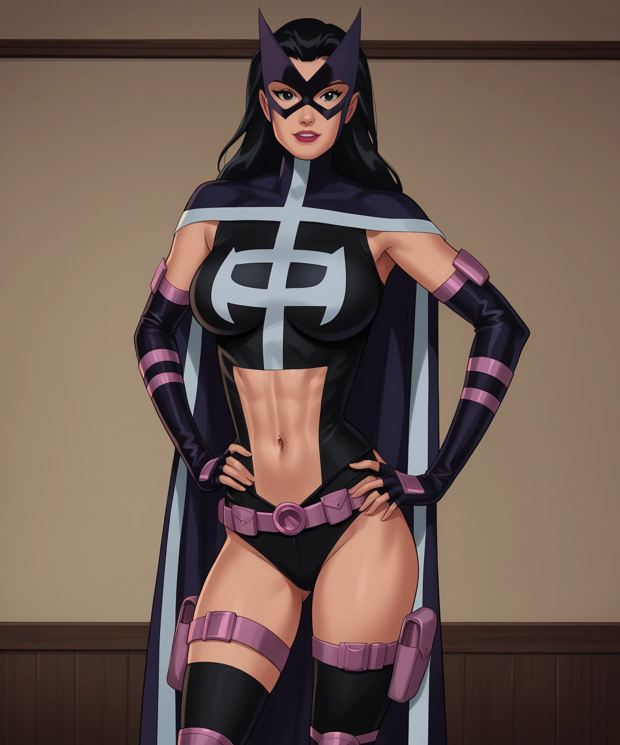 (solo:1.1),(masterpiece), (best quality:1.3),, highly detailed, intricate, professional art, digital art, absurdres, confidant, Blackfire, futanari Blackfire wearing an armored-leotard with armored-pants and armored-thigh-boots posing confidently in night-club,(armored-thigh-boots), (Blackfire silver armored sleeves),(detailed face), 1girl,(sadistic smirk), solo,(slender build),(Long legs:1.1),(broad shoulders), (long sleeves), black hair, (purple eyes colour), (dark tanned skin:1.4), wide hips, (aroused:1.2), (futanari:1.1), (makeup 1:1), (black lipstick:1.3), large penis, (huge crotch bulge:1.3), (Long crotch bulge:1.3), huge testicles, frontal view, universal lighting, small head,(Bubble Butt), gluteal crease,