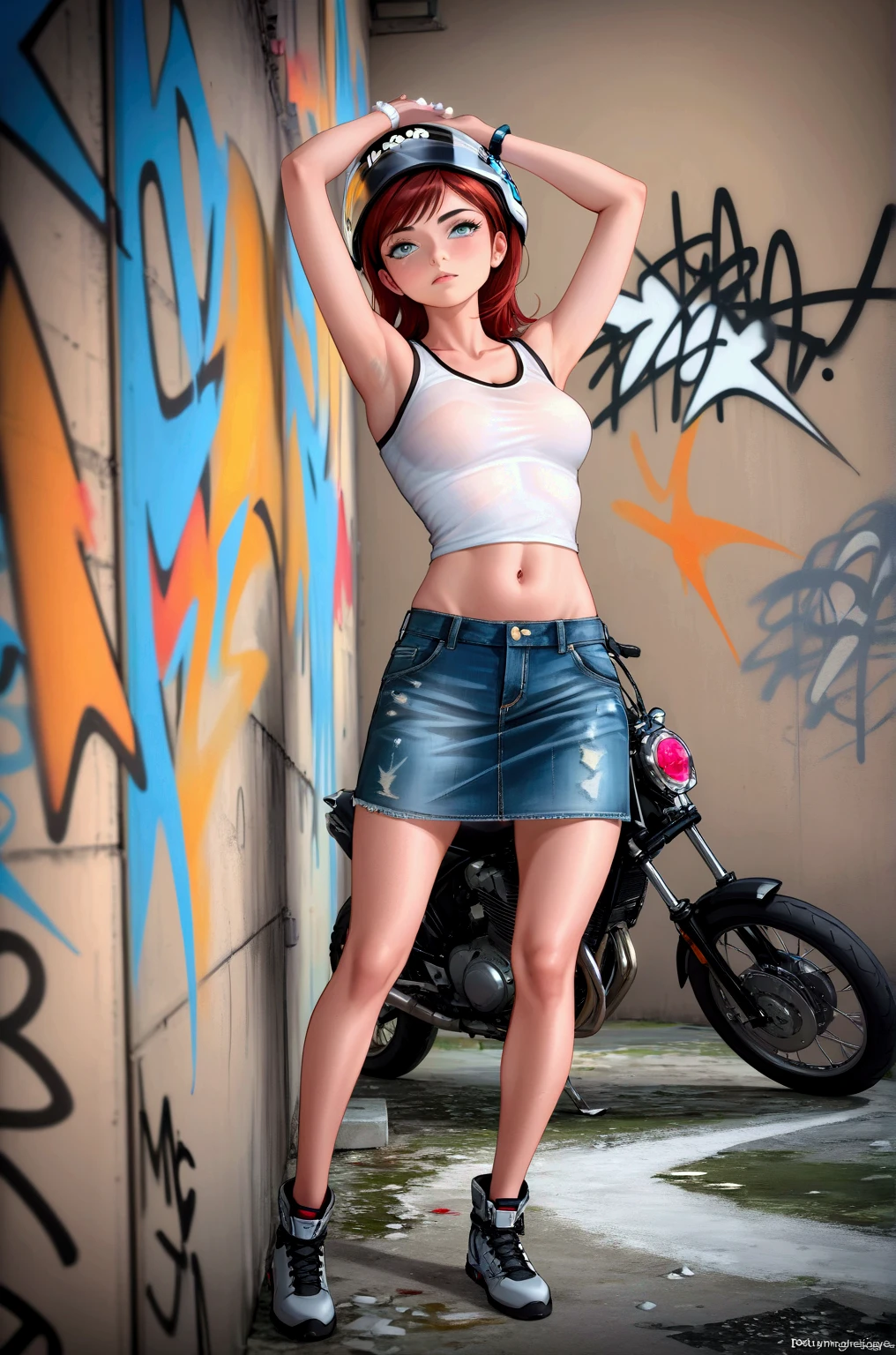 (masterpiece, best quality, hires, high resolution:1.2, 4k, 8k , high quality), extremely detailed, realistic, intricate details, highres, 1girl, solo, red long hair, blue eyes, blush, freckles, (large breasts, thick thighs, wide hips), arched back,(cinematic lighting, sunlight, perfect lighting, backlighting), eye-level shot, extreme close-up-shot, naughty look, looking at viewer,
stage, stage lights, spotlight, concert, audience,
<lora:edgPunkShorts:1> edgpshorts, wearing edgpshorts, punk short, mini short
