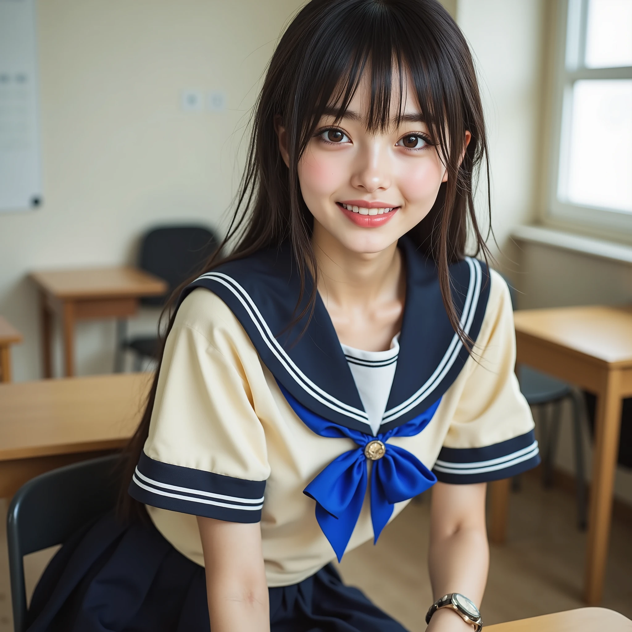 masutepiece, Best Quality, 8K, Raw photo, realistic, perfectly proportions, 1 beautiful Japanese girl, , high school girl, sailor uniform, roll up the skirt, White panties visible from under the skirt, Long glossy black hair, Clear and white skin, taking a seat at a desk, school classroom,