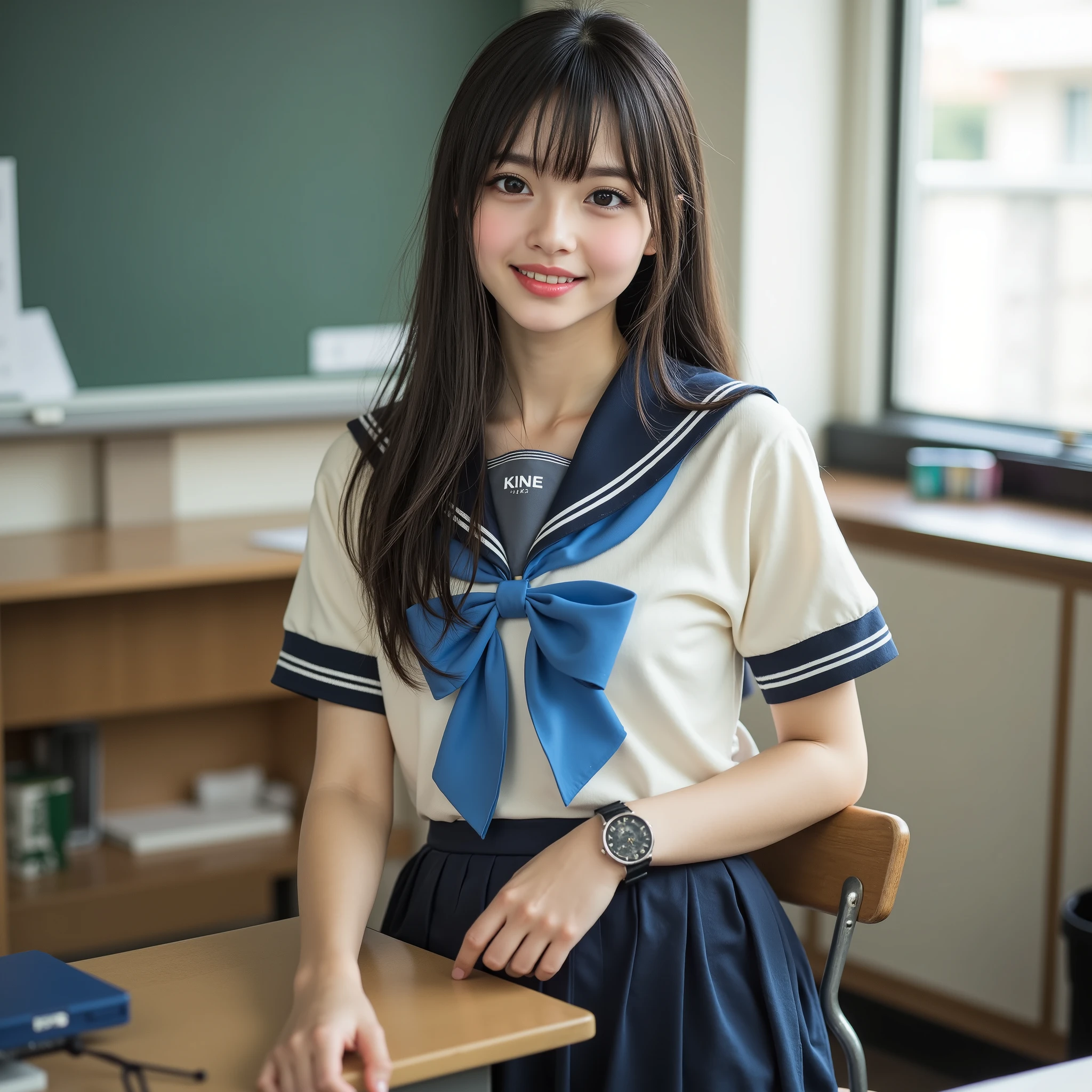 (Canon), (EOS R5), (50mm), ((( photorealistic:1.5))), (No lens flare :1.5), ((超 high resolution)), ( Masterpiece), accurate,( is presentな質感の肌), Super Detail, high detail, high quality , Award-winning work , 最 high quality, 32K, depth of coverage, digital camera, award-winning glamour photo , professional lighting, (SFW), ((最 high quality:1.5)), (( Masterpiece:1.5)), (( is present)), high resolution, is presentな影, Roughness, Real Life,( 1 Japanese woman so beautiful and cute), ( The cuteness of Japan's top idol ), ((Upper body shot seen obliquely from the front :1.5)), (( upper body shot from head to knee :1.5)), (( cute 18-year-old Japanese high school girl )), (((Light cream short sleeve sailor suit :1.8))), (( high school classroom , desk, chair, blackboard, and window visible )), ((( Tokyo Jogakukan high school summer suit short sleeve sailor suit ))), (((襟と胸当てが紺色で3本の白色ラインがある半袖の薄いクリーム色夏服セーラー服と dark blue flare skirt を着て椅子に座っている:1.8))), (( short sleeve light cream sailor suit with dark blue collar and chest :1.8)), (( no front buttons on a sailor suit :1.8)), ((Sailor suit without front zipper :1.8)), ((( The chest between the collar of the sailor suit is dark blue and has 3 white lines :1.8))), (( dark blue flare skirt :1.5)), ((A large bright blue bow on the chest for a sailor suit :1.8)), ((Navy blue scarf closure :1.5)), (( no accessories:1.5)), (( No Earrings :1.5)), ((Without necklace:1.5)), ((Women's watch on her left arm )), (( a very cute high school girl who feels young )), Attractive cuteness , seductive pose holding hands, Height: 160cm, slim figure, Beautifully shaped bust, D Cup, ((少し歯が見える very cute smile:1.5)), ( alone:1.5), (There is only one person in the classroom), ( brown eyes:1.9), ( Detailed depiction of extremely realistic skin ), (Highly detailed, realistic eyes:1.9), (Very beautiful, long, realistic eyelashes), (Highly detailed, realistic eyebrows), (丸い brown eyes :1.8), ( beautiful catchlight on the eyes), (Realistic lips with moisture ), ( white realistic teeth arranged neatly), ( Beautiful and Detailed Face :1.6), ( hourglass figure:1.6), (Wasp waist :1.5), ( Perfectly round and beautifully shaped bust :1.8), ( clearly contoured cheekbones :1.5), ( perfectly styled body :1.8), (Healthy body :1.8), (Narrow shoulders:1.9), ( is staring at the viewer), ( seductive gaze), (Beautiful, natural-looking hands), ( beautiful pink nails with a beautiful length ), ( show your hands as little as possible ), ( very cute smile:1.1), ( her stomach and navel may be slightly visible:1.4), ( dark hair medium hair :1.3), ( beautiful black hair), ( has bangs), Natural atmosphere, Very cute type, beautiful thighs, (( evening classroom )), (( with a pencil case and notebook on her desk :1.4)), (( show your hands as little as possible )), ((I can't show my feet)), background, Illuminate the face, Dynamic Poses for Play, beautiful body line , Beautiful, realistic skin , Art Photography, beautiful soft lighting , accurate手の形, accurate指の形, accurate指の数,5 fingers on one hand ,((No watermark, No signature))
