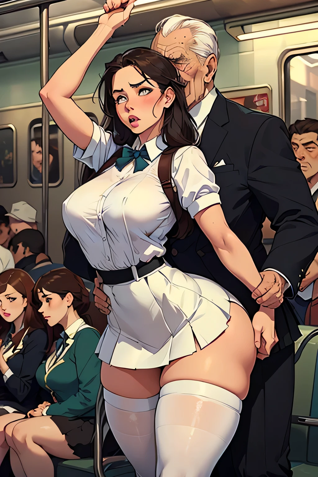 (SFW), ((photorealistic)), (masterpiece), (best quality:1.3), absurdness, [:intricate details1.3], SFW, realistic, masterpiece, (((VERY crowded subway train interior detailed scenario, VERY crowded subway train interior detailed background))), standing insanely hot (young small girl1) using sexy ((skirt)), ((behind skirt lifted)), ((3/4 white stockings)), ((big ass)), ((thick thighs)), ((fear/shocked expression)), (blushed face), (perfect body proportions)), old small man ass groping young small girl 1 from behind, (((old small man pressing his chest on young woman 1 back))) and (((holding her waist behind her)))