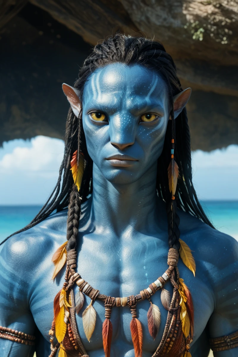 male, 1boy, portrait close-up, looking at the viewer, slim muscular limbs, detailed yellow eyes, blue skin, braided long hair, black hair, tail, big pointy ears, four fingered hands, wearing tribal clothing, beach background, solo, n4vi, score_9, score_8_up, score_7_up, score_6_up, neytiri