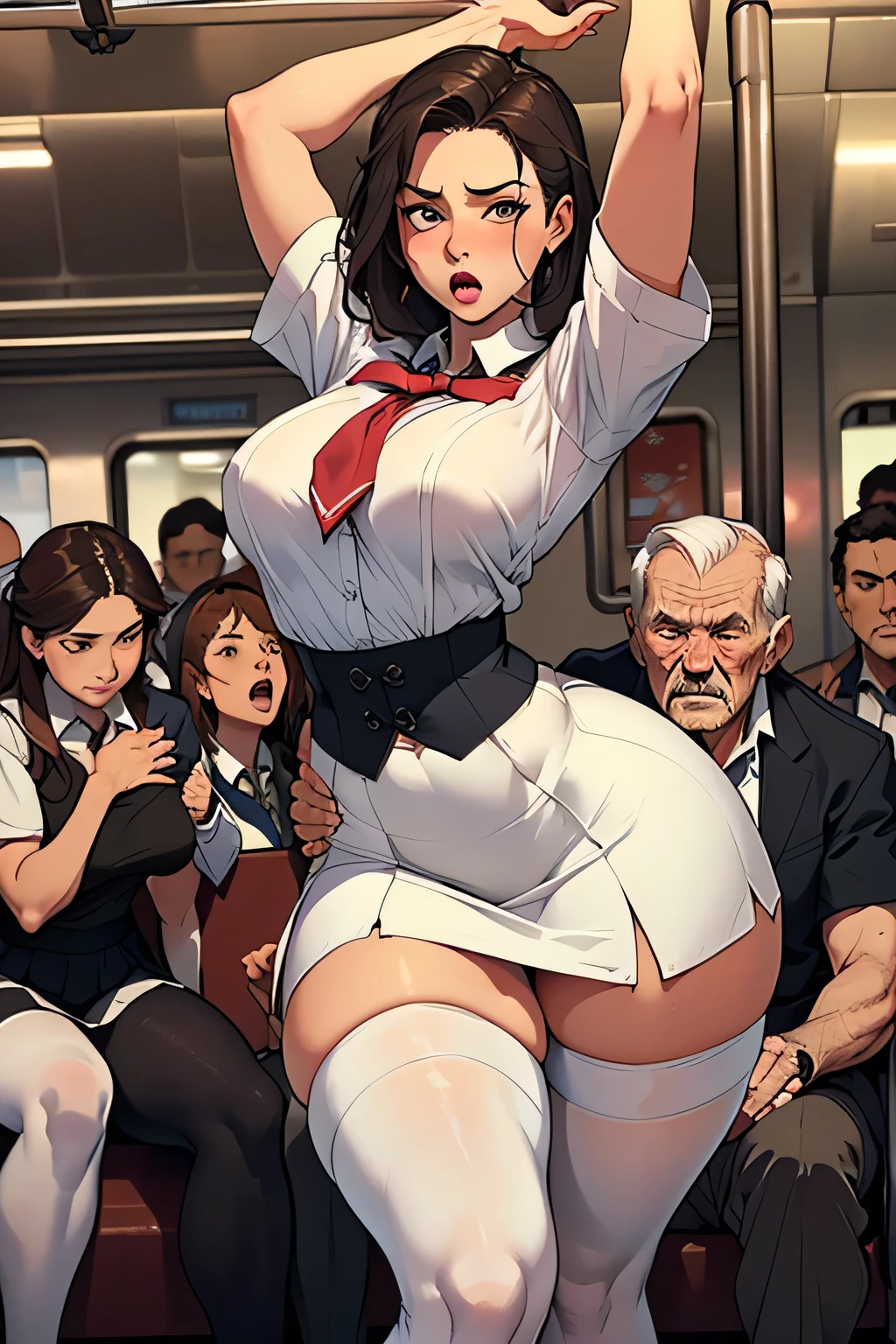 One Woman、A large number of people、Beauty、uniform、intimidating face、Hands and feet are bound with chains、Torture chamber、、Imprisoned、military base、Female Officer、crowd、緑のuniform、beret、Tight Skirt、Military personnel、30 years old、Looking down at the viewer, long hair、Bangs, Highest quality, Focus on the thighs, smile,panties、bra、Plump thighs、Big Ass、Big y thighs are steaming between the legs 、ムレムレのKnee-high socks、Knee-high socks、Angle from directly below、Being whipped、crowdを誘惑する、Acme convulsions、Obscene sound effects、Naughty sound effects