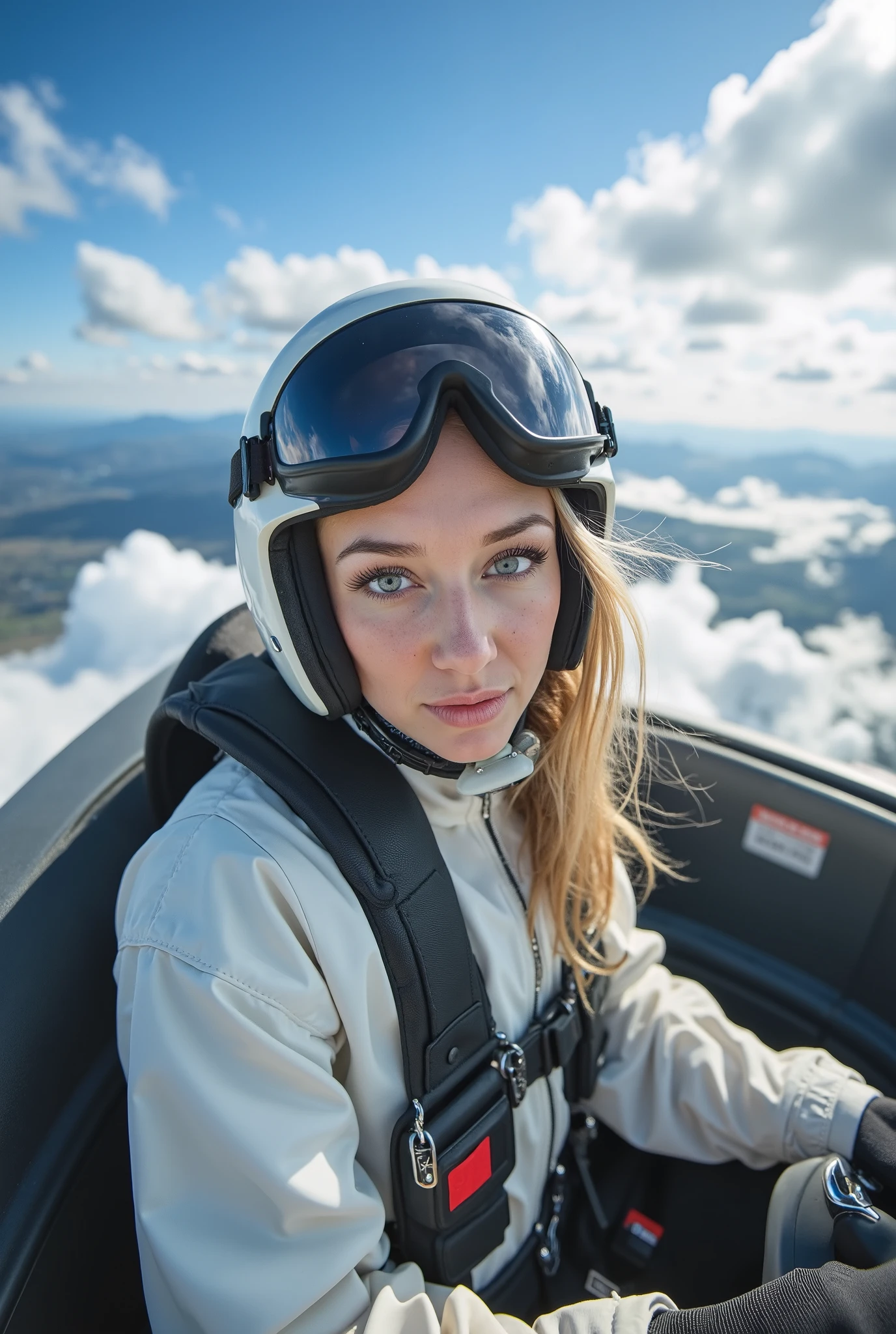 A beautiful Scandinavian woman,
extraordinarily beautiful face, blond,
(looking at the camera, beautiful face, detailed face),
flying lightly in an ultralight airplane between the white clouds floating in the vast blue sky.
Her blonde hair is blowing in the wind, and her clear blue eyes are staring at the distant horizon.
She is wearing a slim flight suit, goggles on her forehead, and holds the control stick tightly. The aircraft has a beautiful streamlined design, and the wings shine in the sunlight.
Below you can see the vast land, lush forests, sparkling lakes, and small towns, and her flight symbolizes freedom itself. Mountains are lined up in the distance, and birds fly with them on the wind.
A beautiful flight scene full of freedom with a refreshing breeze.