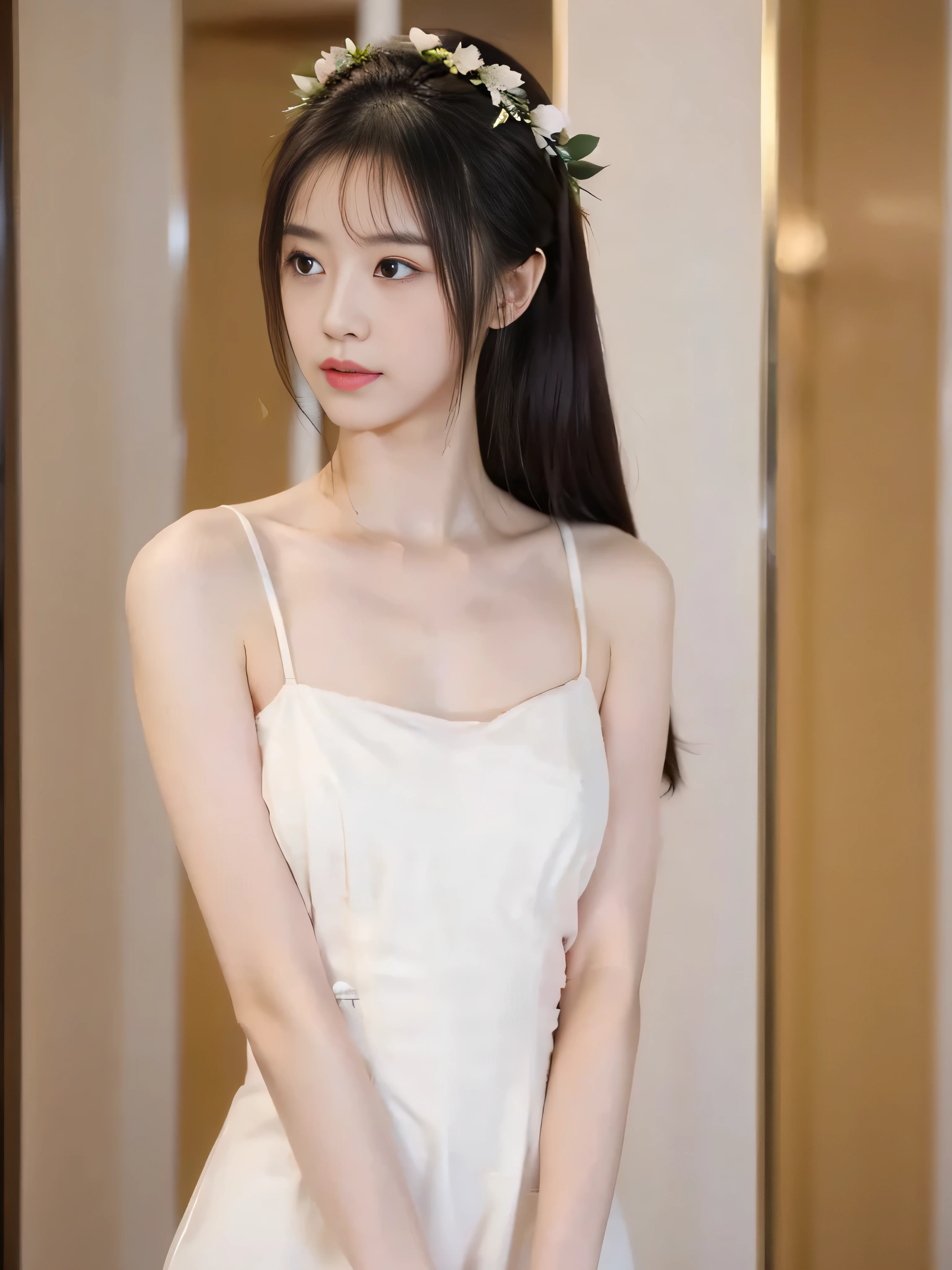 a beautiful girl,Medium-length hair, full breasts ,A beautiful girl with a clear body outline , simple background ,Wearing a wreath