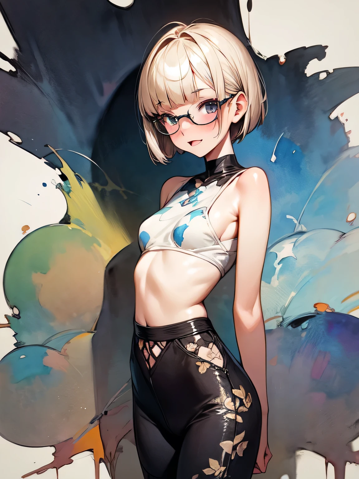 front veiw,Alone,(pull down sexy print_legwear), perfect anatomy ,17years old,blonde short pixie cut,(blunt bangs),glasses,cute face,embarrassed orgasm,chestnut mouth, oiled skin, best quality, top quality, best quality, like a painting, watercolor painting style, The Art of Mathematics, Official Art, Masterpiece, beautiful, ((watercolor)), paint splashes, complex details. very detailed, [Drooping:0.7],