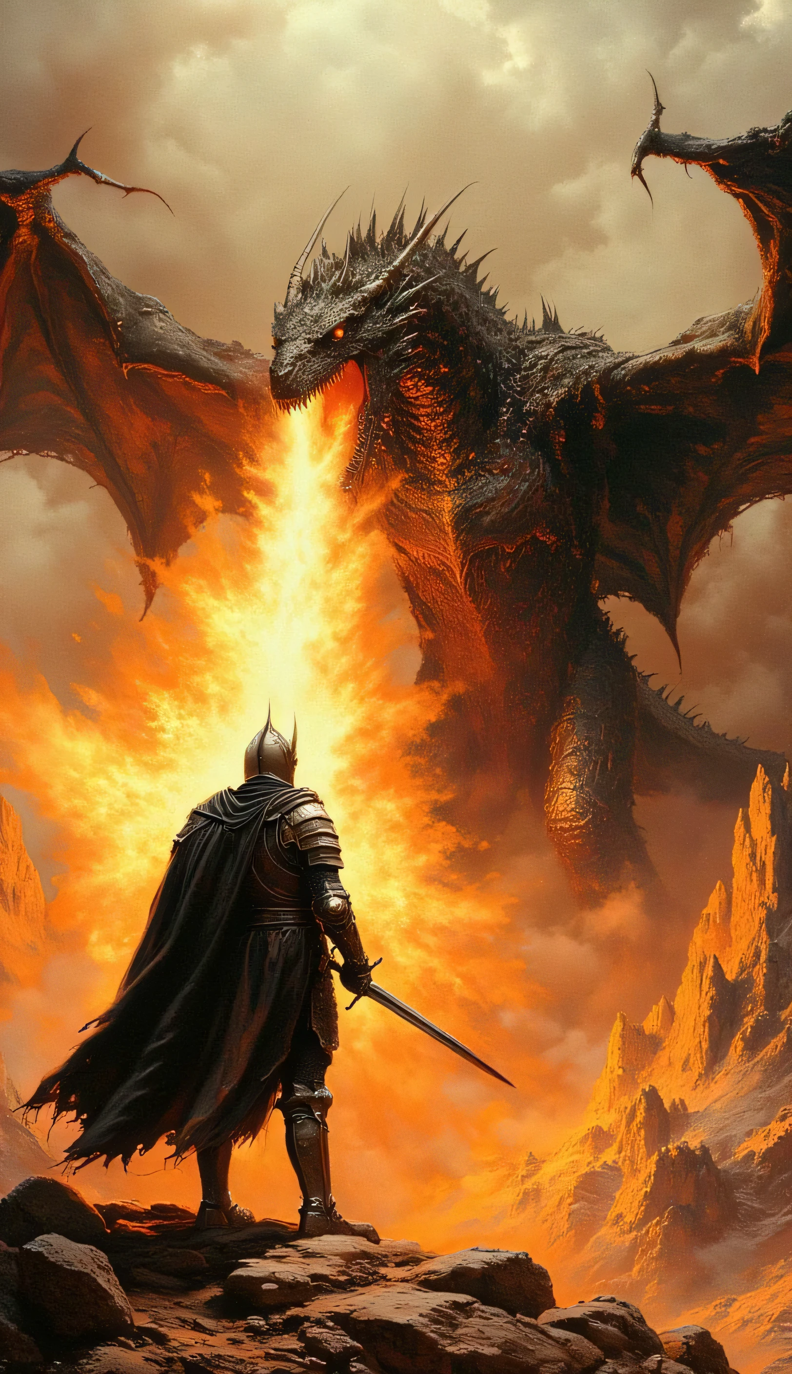 Knight in confrontation with a fiery dragon