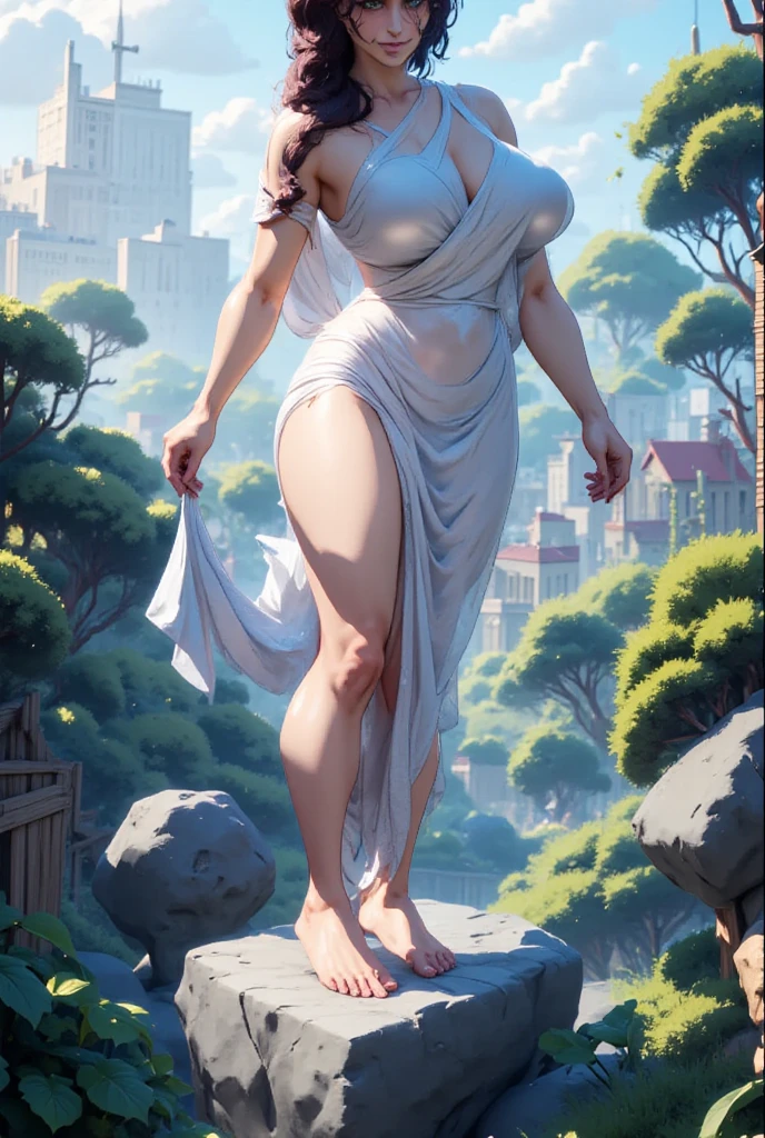 vermilion mimosa, Women, defined body, big breasts, small waist, defined abdomen, huge butt, muscular legs, wide legs, very muscular legs, long legs, barefoot, dressed in a Greek tunic, bare arms, and sexy legs, showing some of her huge breasts, Kicking, in a mountain, many stones destroyed, Lonely, alone, perspiration