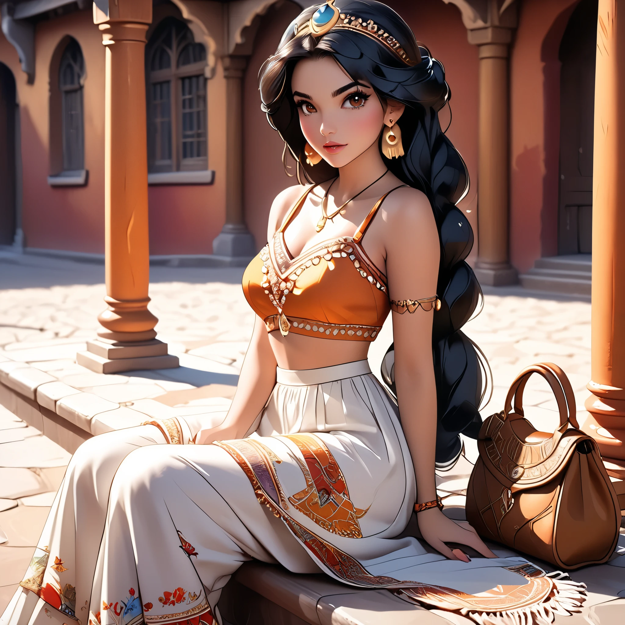 (beautiful girl:1.3),1girl,masterpiece,Highest quality,Ultra-high resolution,rich contrast,super high quality,8k,Highly detailed CG unit wallpaper,texture,Incredibly absurd,Ultra-high resolution,Highest quality anime,professional photograph,an extremely delicate and beautiful,RAW Photos,Depth of Field 1.2,ultra-detailed eyes,Glitter Effect,Beautiful glossy lips, 25years old, gorgeous legs, noise perfect, gorgeous ass, Disney's Jazmin Princess, brown eyes, dynamic pose, black hair, long loose hair, no bra, sensual woman, seductive woman, mature woman, Milf, maternal, shy look, full body, DisyneyJasmine, 1girl, black hair, brown eyes, braid, long hair, Boho Set (Adventure and Freedom): Top: Sleeveless linen blouse in terracotta tone with floral embroidery in white thread, with a "V" shaped neckline and thin straps.
Bottom: Long skirt with a wrap-around cut, with a multicolor ethnic print in warm tones (red, orange and yellow). The skirt has a lace fringe at the bottom edge.
Shoes: Brown leather sandals with thin straps and beaded details. Accessories: Wooden bracelets, silver rings and a straw bag with leather details.