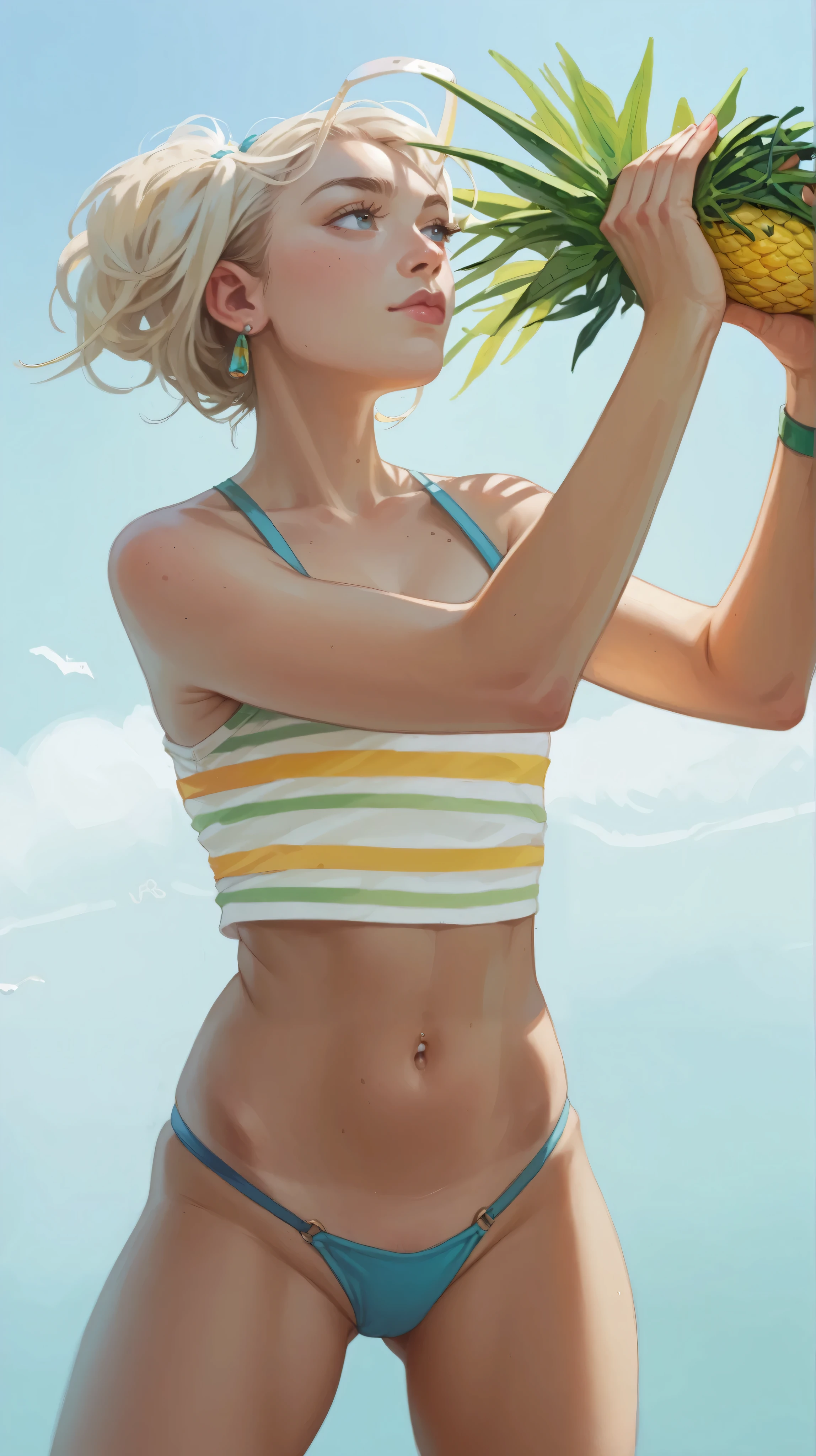 a woman holding a pineapple