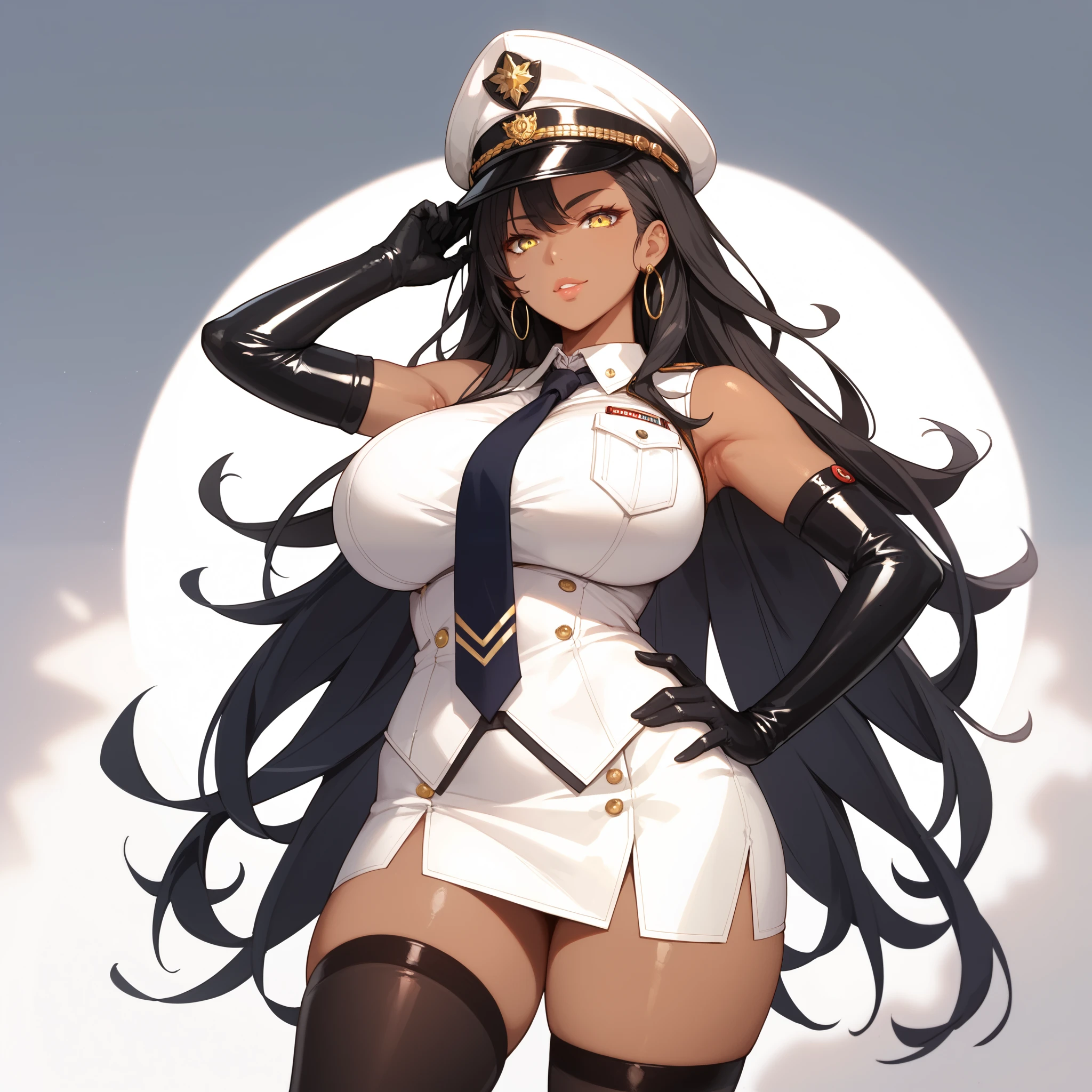 (masterpiece), best quality, expressive eyes, perfect face, front lighting, (outside at sea onboard a Marine Battleship background), (posing), (seductive look), (cleavage view), (1girl, Nico Robin, milf, latina, dark skin, short black hair with bangs, straight flat hairstyle, brown eyes, hourglass figure, thick body, curvy body, large breasts, huge breasts, oppai, large cleavage, wide hips, thick thighs), (white outfit, white button suit jacket dress, croptop, long sleeve, exposed breasts, white skirt, shoulder pads with tassles, marine badges, marine ribbons and medals pinned on clothes, marine captain hat),