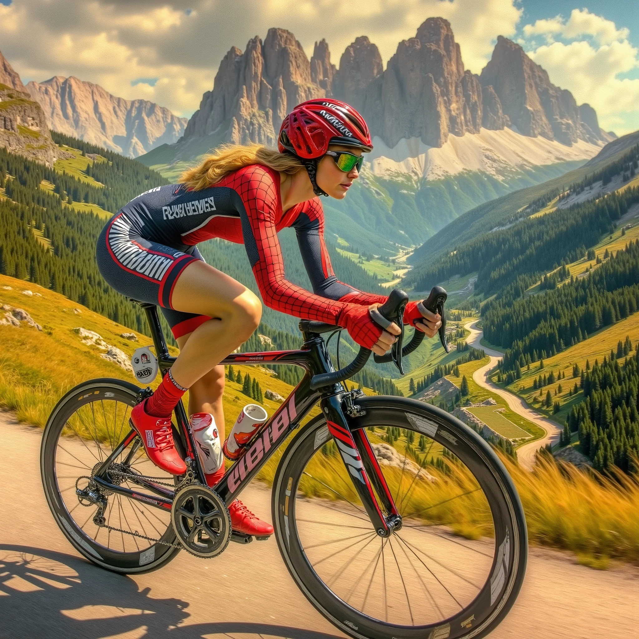 A Close-up picture of a female road bicycle athlete draped in a spiderman lycra jersey and carbon road bicycle, ride her road bicycle in a full throttle and fast cadence climbing the hill, low angle view, breathtaking Dolomiti landscape scene, masterpiece hyper realistic oil on canvas painting, Don Lawrence Style