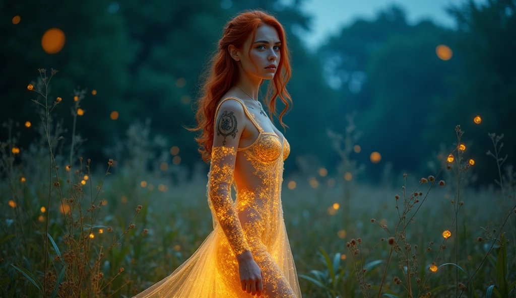 Create a highly detailed, semi-realistic portrait of a female character with the following features:

	•	Skin Tone: Light olive complexion with iridescent patches that shimmer under certain angles, creating a pearlescent effect. The iridescence should be particularly noticeable on her cheekbones and forearms.
	•	Hair: Long, wavy brown hair with bio-synthetic strands that glow faintly in low light. The hair should shift colors between auburn and gold. The strands should have the ability to change texture, becoming stiffer when needed.
	•	Eyes: Bright green eyes with an additional reflective layer, giving them a luminous quality, especially at night. The pupils should be slightly larger than a human’s, and the sclera should have a faint greenish tint that blends with her irises.
	•	Facial Features: A slightly elongated face with delicate, ethereal features. Her ears should be slightly pointed, adorned with subtle, retractable bioluminescent patterns that glow softly. Her nose should be streamlined, with a faint glow along its ridge.
	•	Body Type: A curvy, streamlined, and graceful build, with prominent hips and bust. Her fingers and toes should have subtle webbing, indicating an aquatic adaptation. Her skin should have faint bioluminescent lines that trace along her spine and ribs.
	•	Clothing: If applicable, dress her in a bio-engineered suit that mimics the texture of plant leaves, with shifting green and iridescent patterns that match her skin.

The overall image should emphasize her ethereal, slightly otherworldly appearance, blending human and advanced evolutionary traits.
