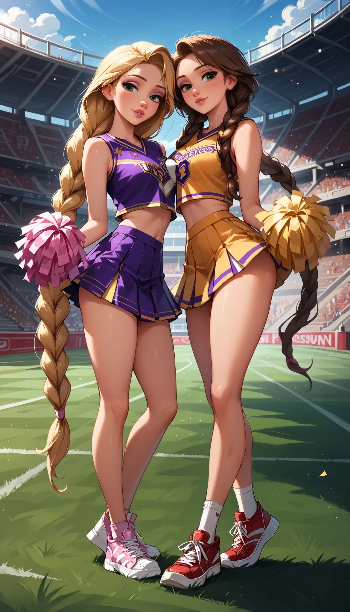 score_9, score_8_up, score_7_up, 2girls, duo, (Anna, brown hair, braided pigtails, wearing cheerleader uniform, short skirt, sneakers:1.3) and (Rapunzel, blonde, long pigtails, wearing cheerleader uniform, short skirt, sneakers:1.2), flirt, gaze, sexy look, half-closed eyes, head tilt, filled lips, thick lips, makeup, side view, (full bodies in view) expressiveh d4rk01l, perfect hands, perfect proportions, football field background