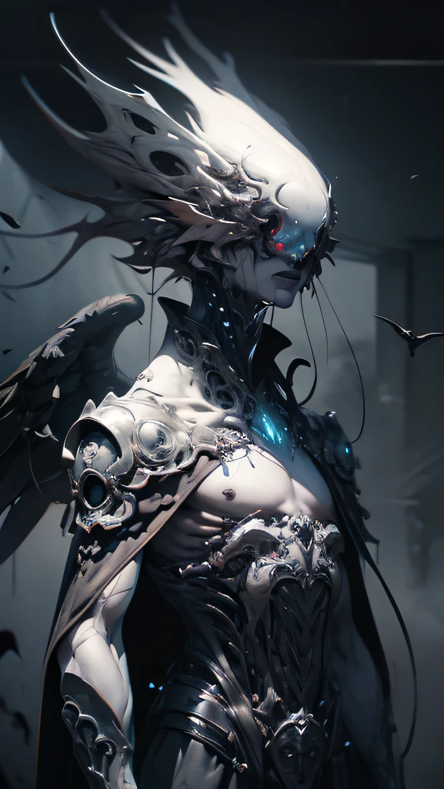 a corrupted arc angel, humanoid monster, necromancer, darkness, deathly, haunting, surreal, ominous, grim, moody lighting, deep shadows, gritty, cinematic, dramatic, chiaroscuro, muted colors, desaturated, moody, haunting expression, twisted anatomy, ethereal, gothic, dark fantasy, dramatic pose, dynamic composition, hyper detailed, intricate details, masterpiece