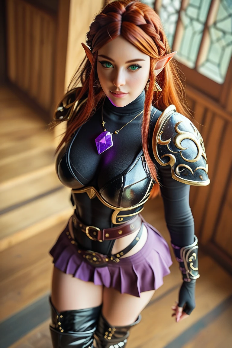 ((A red-haired warrior, from the back, wearing a short skirt at her butt, showing her butt, shot from below, wearing plate armor, steel gauntlets, steel gloves and steel cuirass, looking back, wearing a skirt)), very detailed skirt, (she doesn't wear underwear, skirt showing big stuffed, pert, round ass, pussy showing, smooth pussy showing from below, (skirt up), wind lifting skirt, sexy possession), medieval fantasy, d&d, RPG, masterpiece, best quality, 8K, ultra realistic. The most desired girl in the world has transcendental beauty, with expressive eyes, light green eyes, arched eyebrows, sensual lips and radiant skin. Her facial structure is symmetrically perfect, with delicately sculpted cheekbones and a refined chin.
