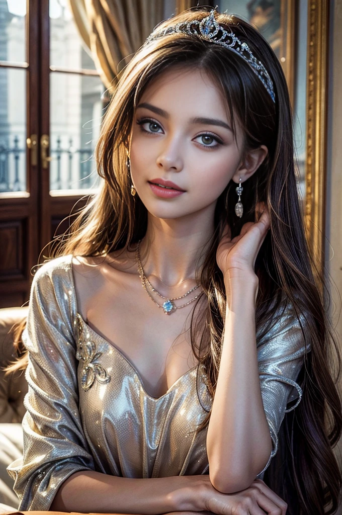 One girl, masterpiece, ((Highest quality:1.4)), 8K, Detailed skin texture, Detailed cloth texture, ((Beautifully detailed face:1.4)), Intricate details, Super detailed, Alice in Wonderland, (A ribbon on her head:1.1), (Upper Body),((Natural big breasts:1.4))