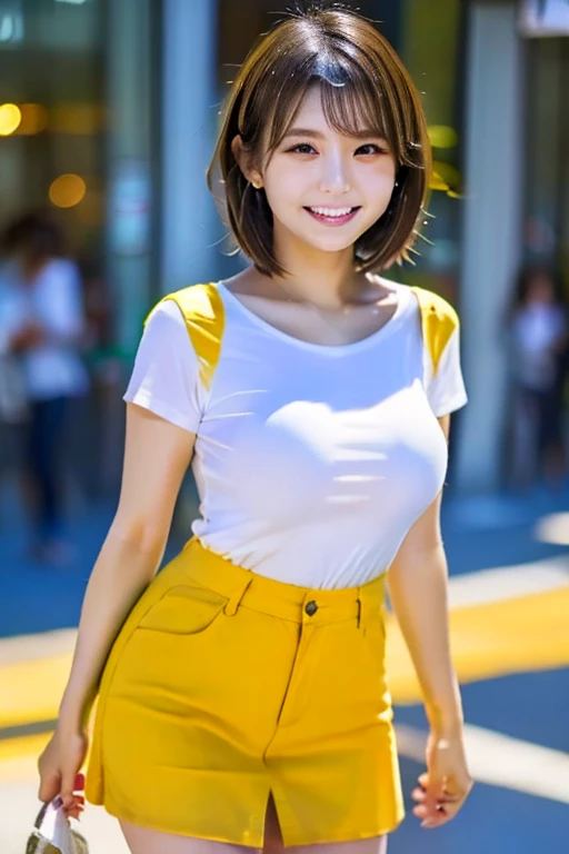8K、best image quality、smile、masterpiece、buzzer、short hair、fine eyes、big breasts、A refreshing smile、Female college student、Dimples、Camisole showing both shoulders、Clear system、attending university、Ruck sack、Light yellow clothes、Seaside scenery
