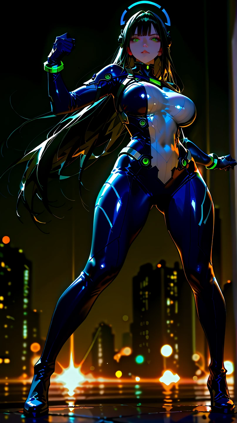 High-quality images of Hatsune Miku、Demon Shinobi、Highest品質、Highest1people々 girl,high quality,, ((Masseter muscle area)), ((High resolution)), ((Highest品質)), detailed, (Laughter.very happy,3000 times more sensitive), ((Shiny skin)), (High leg bodysuit:1.2)、girlと, ((huge 、Light blue hair、Twin tails))、Expressionless、Jump、((Rooftop at night))