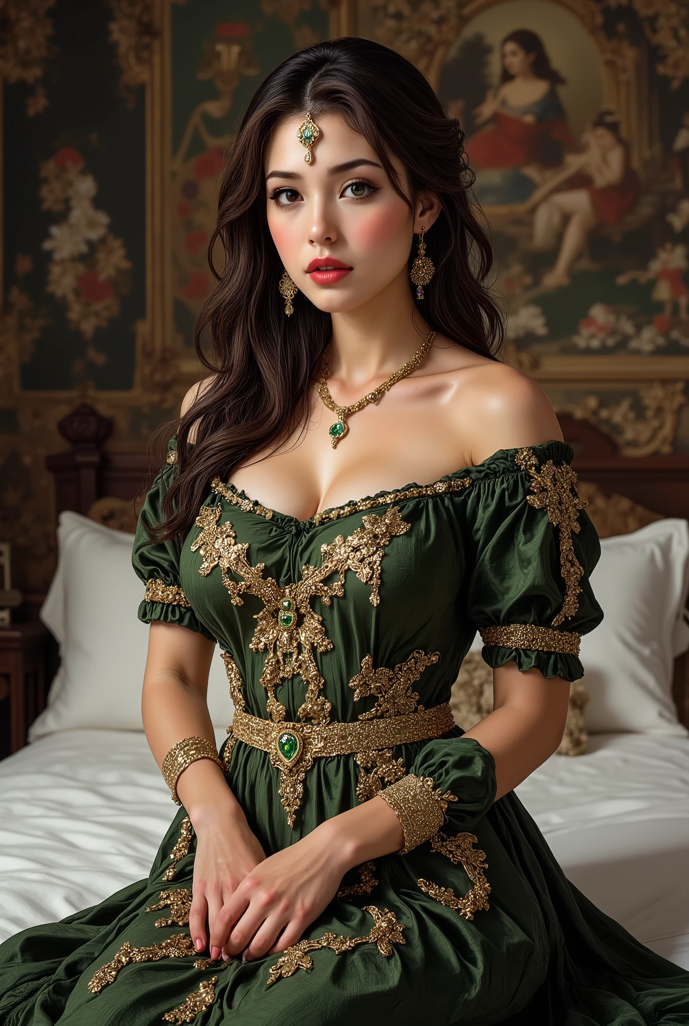 ( is present_ Masterpiece), A meture is present sexy woman adorned in very elegant traditional attire which includes lots of gold embroidery and emrald jewellery, beautiful red lips , Cute and sexy face, very huge sexy breasts ( k cup size ) , make the most beautiful chest possible, Black and White type, I can see your abs, cute smile. most detailed green eyes ( is present perfect face , Black and White) ,sexy cool tall, slim, Healthy women, intricate and detailed , Chest, long sexy hair, sexy devil highly detailed dress , beautiful background (mobile wallpaper sitting on bed and full of confidence)