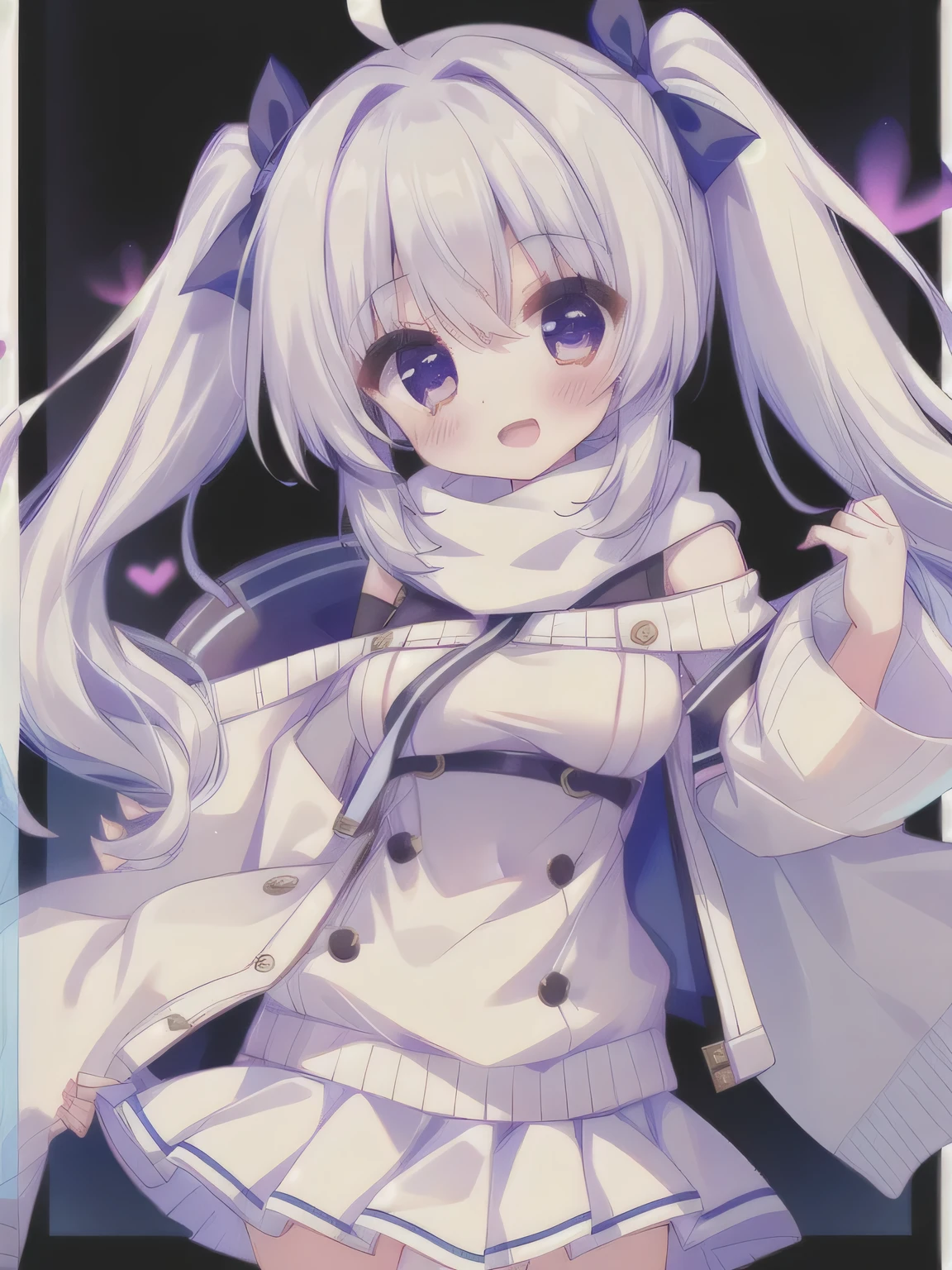 1 girl standing on the front with double ponytails wearing a white long-sleeved solid loose sweater white scarf wearing a short white skirt, curly hair on shoulders ,Smile