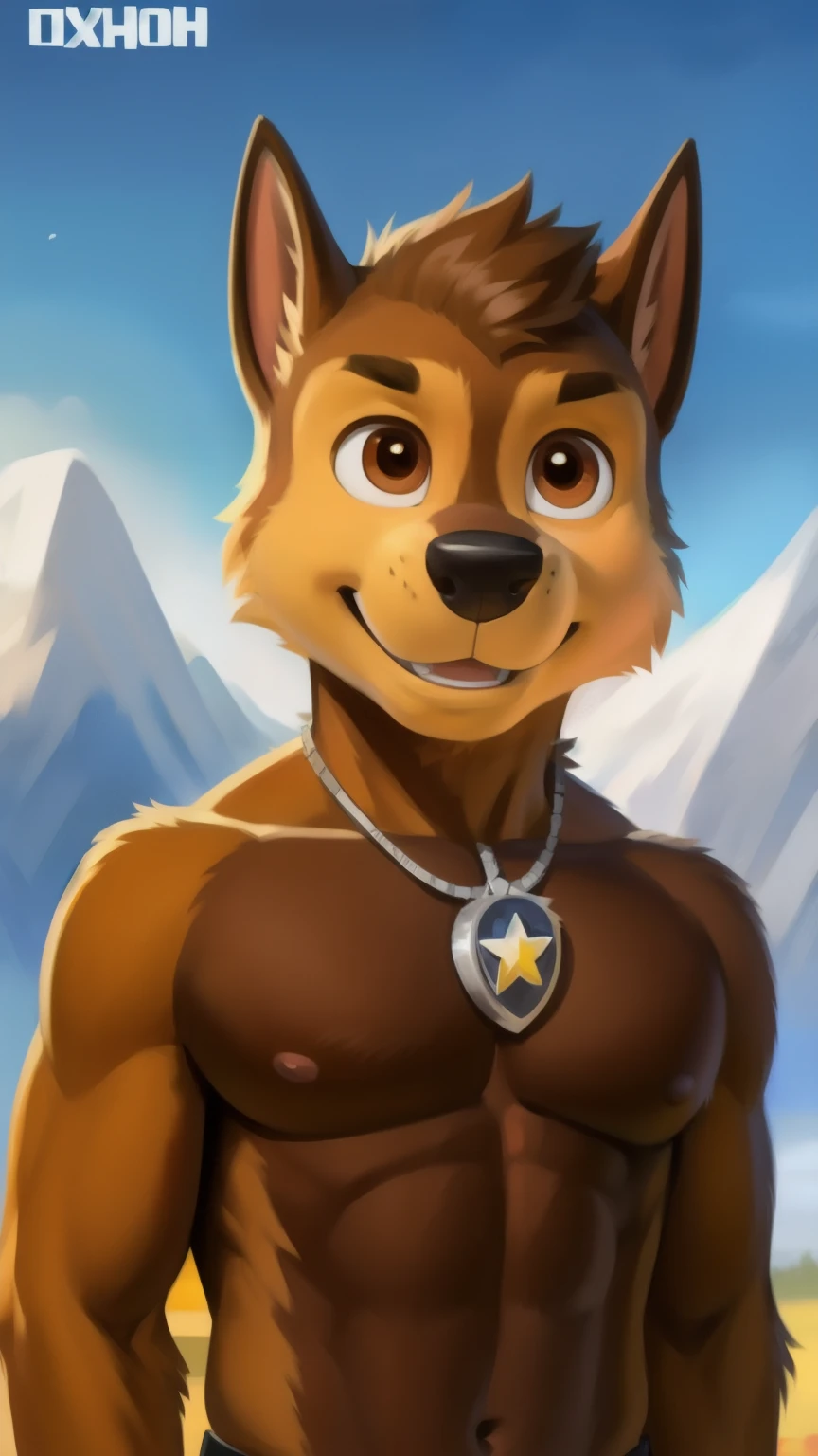 Chase smirks., showing your body to the viewer from the viewer's point of view, detailed fluffy fur texture, impasto impressionism , (by foxovh, Ross Tran, Mikhail Garmash , Pino Daeni, A SPARK), detailed eyes , highly detailed pupils , One, fluffy, antro, chase-pp, domestic dog, male, brown eye , brown wool , light brown body, fur body, detailed fluffy fur texture, curved, 1 boy , muscular, detailed muscles, large and large pectoral muscles