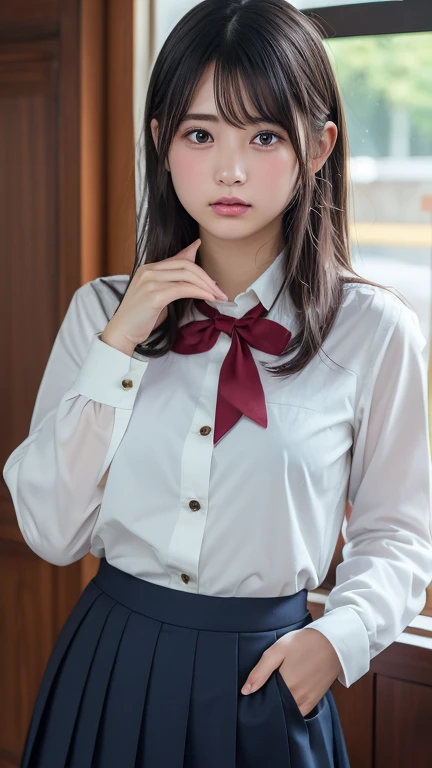 (Detailed beautiful eyes and detailed face, Masterpiece Side Light, masutepiece, Best Quality, Detailed, High resolution illustration), (1 girl, Beautiful Girl, Shiny skin, Looking down, Looking at Viewer), ( Sky Blue Long Hair, Pink eyes, Skirt, bow ribbon, button-down shirt) 45 degree, upper view, Sideways, (Hand Detail),Shoulders exposed skin,No makeup,Creative hairstyle,