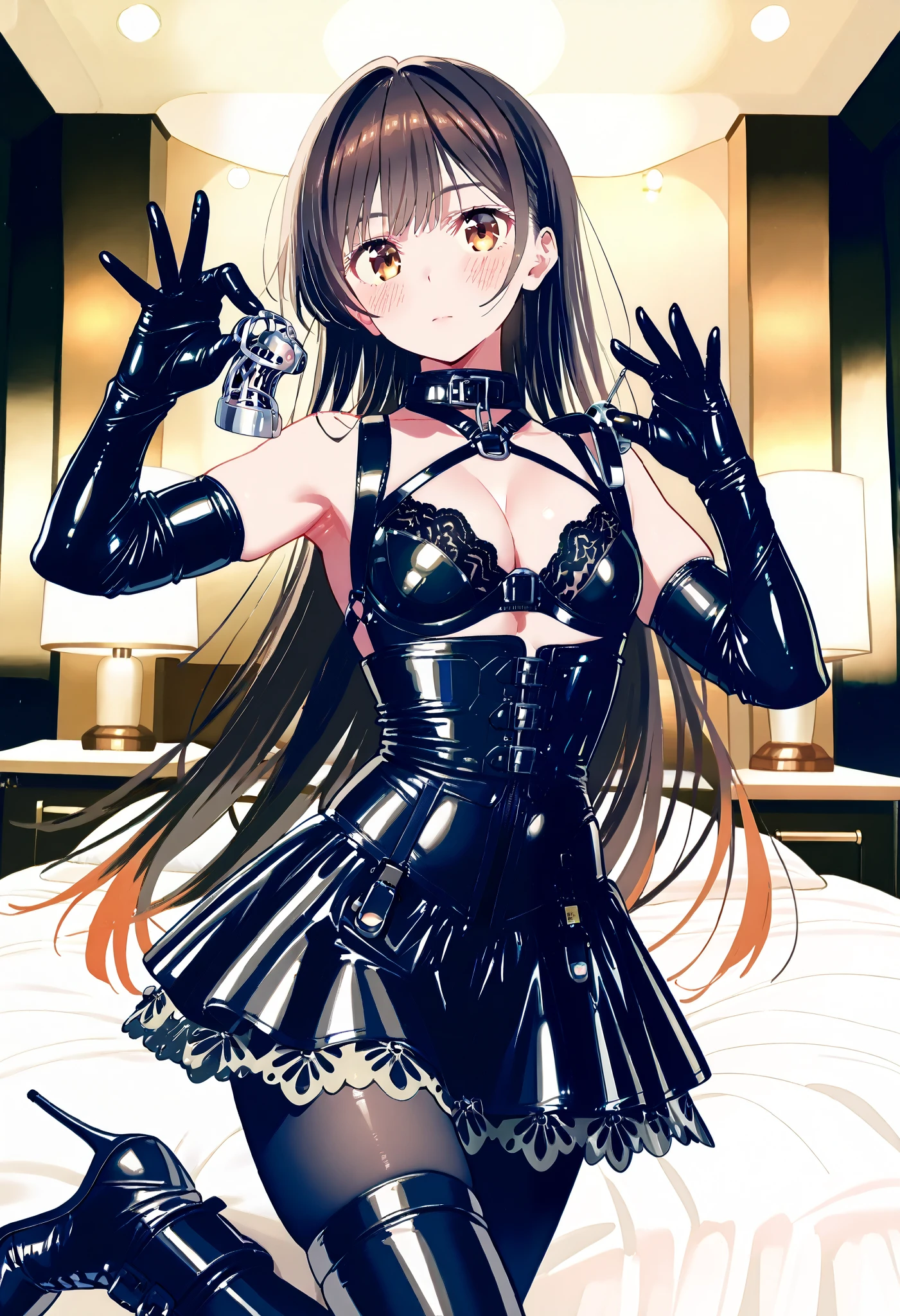 (((8 heads)))、 fashion model figure、 slim figure、BDSM、Queen、mistress、(((One girl)))、(((solo:1.8)))、(((Black latex elbow gloves:1.4)))、((( black latex corset dress :1.4)))、((( corset dress is adorned with beautiful lace)))、((( Corset Dress with Shoulder Straps )))、((( Black Latex Tight Mini Skirt :1.4)))、((( Black Thigh-High Boots :1.4)))、(((Black rubber tights:1.2)))、((( stiletto heel boots that kick a man:1.4)))、((( black latex tight mini skirt )))、(((Black latex bra)))、(((Black leather collar)))、((( sexy pose:1.4 )))、 wide thigh opening with one leg:1.2、((( erotic)))、((( cowboy shot wearing an h coat)))、 close-up、 place your hands on your hips、 beautiful eyes with highlights、 fine, beautiful skin、Two perfect anatomical arms、 Anatomically Perfect 2 Legs 、(Four perfect fingers and one thumb)、 1 girl、Chizuru Mizuhara、 greatest masterpiece in history、 masterpiece 、 high definition、High resolution 8k、 detailed face、 detailed eyes 、((( indoor、 hotel interior、 big bed)))、(((holding chastity cage:1.4)))、((( Hair)))((( long straight hair)))、 splashed hair、 brown eyes、 stare at viewers、 expressionless 、 embarrassed face、blush:1.2