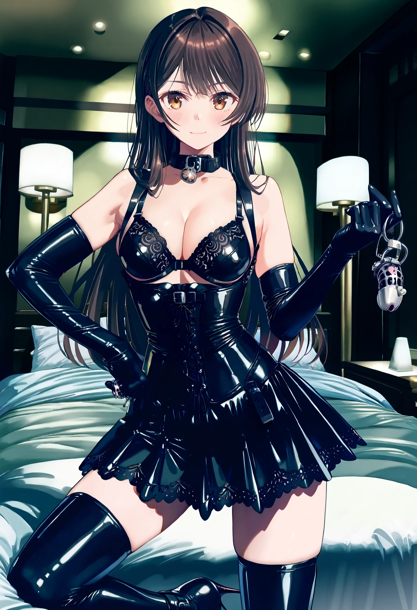 BDSM、Queen、mistress、(((One girl)))、solo、(((Long gloves covered to the fingertips in black latex:1.4 )))、(((Black latex corset dress:1.4)))、(((The corset dress is decorated with beautiful lace.)))、(((Corset dress with shoulder straps)))、(((Black latex tight mini skirt:1.4)))、(((Black Thigh Boots)))、Stiletto heels、(((Black latex panties)))、(((Black latex bra)))、(((Black leather collar)))、(((Sexy pose)))、Wide-open legs、(((Erotic)))、(((Cowboy Shot)))、Slim figure、Thin thigh style、Standard-size bust:1.2、(((erotic)))、blush、(((Full Body Shot)))、(masterpiece)、(highest quality)、High resolution、 High resolution、完璧なmasterpiece、highest quality、Soft and dim lighting、Good lighting、8k、wallpaper、Side lighting、Perfect lighting、Focus Only、Shiny skin、Detailed eyes and face、プロの写真撮Shadow照明、((look forward to:1.2))、((Upper Body:1.2))、highest quality、Natural light、 Shadow、(Focal length blur:1.4)、8k, High resolution, Very detailed, (masterpiece:1.4), highest quality, Symmetrical body, Adult female, (fancy sexy short latex dress:1.4), choker, cute, alone, Earrings, Long Hair, Dark purple hair, Brown eyes, Glow effect, Beautiful Eyes、Detailed face, Looking at the audience, tease the audience, In the bedroom, Oblique perspective, Big Breasts, A teasing smile, attractive appearance