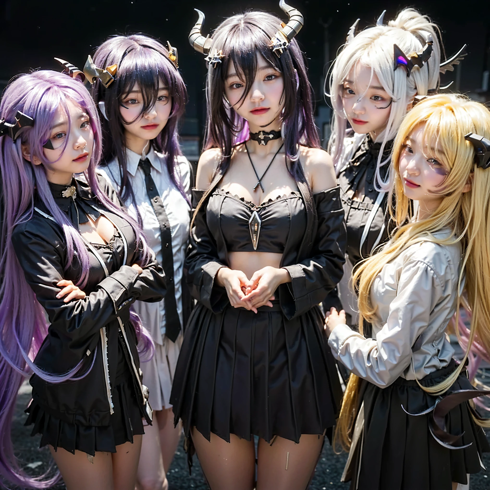 (Completely live action:1.37), (Amazingly realistic textures:1.37), (masterpiece, best quality:1.2), (8k uhd, 16k, 32k, ultra high res), amazingly realistic skin, amazingly realistic photo, superrealism, (photorealistic:1.37), (RAW photo), ultimately realistic, (ultimately realistic all details), (ultimately realistic all textures), super realistic lighting, super realistic shadow, (japanese girl:1.5), ((young face)), smiling, happy, super realistic face, ultimately realistic skin, ultimately realistic eyes, (mascara:1.35)ultimately realistic background, ultimately realistic detail up, kkw-ph1, ((drooping eyes, cyberpunk-style cyborg girl, amazingly intricate details, Anatomically perfect hands, mechanical body, silver knight armor, ultra glossy texture, purple hair))