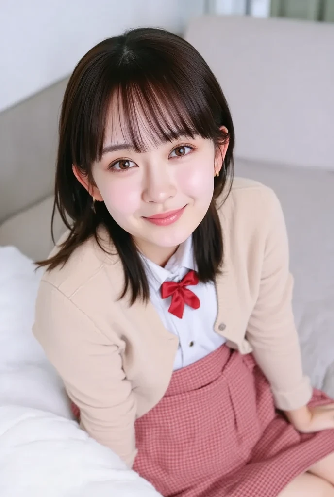 a closeup, masterpiece, top-quality, FULL ANATOMY、Raw foto, Photorealsitic、(Cute little face:1.8)、(Very cute smile:1.7)、(with round face:1.9)、(She looks like an idol and is cute:1.7), A dark-haired、(cute school uniform:1.7), depth of fields, hight resolution, ultra-detailliert, finely detail, ighly detailed, extremely detailed eye and face, Realistic pupils, foco nítido, Cinematic lighting、18-year-old woman、(One lady、Only one person、独奏、without background:1.7)、 (poneyTail、curlyhair:1.4)、Very detailed 8k wallpaper、Show me your whole body、Looking at the camera、(Too short plaid pleated skirt、I can see my panties、Plump panties、Showing her panties to the camera:1.7)、(Pink Fishnet Stockings)、(Brown Long Boots:1.4)、(licking the doorknob、droolng:1.6)、(Nice figure、big breasts thin waist)、(Clothes with emphasized chest bulge、Colossal tits:1.5)、depth of fields、Bokeh in the background