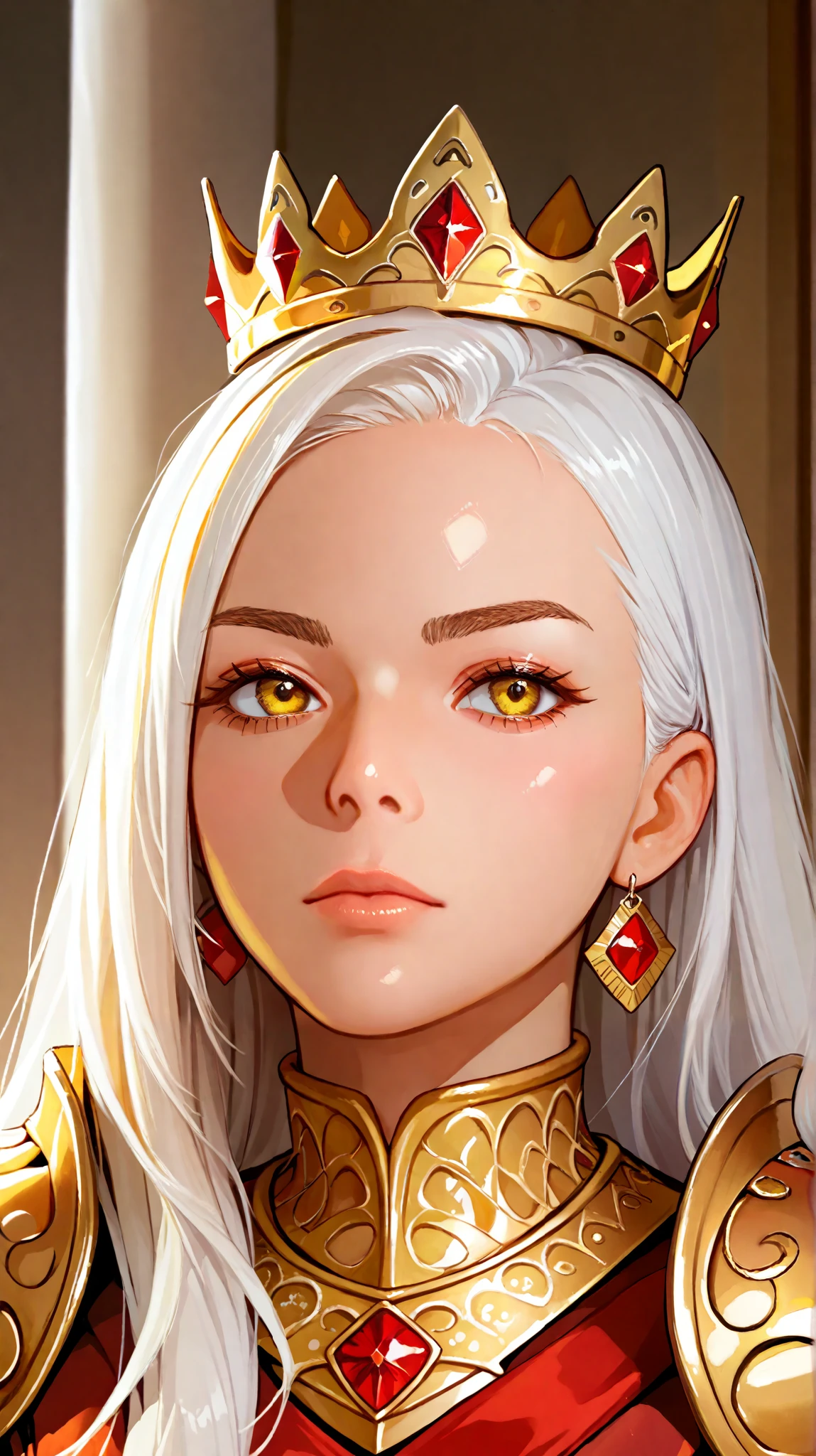 woman , with long white hair, yellow eyes , wearing golden armor, wearing a golden crown with red stones,