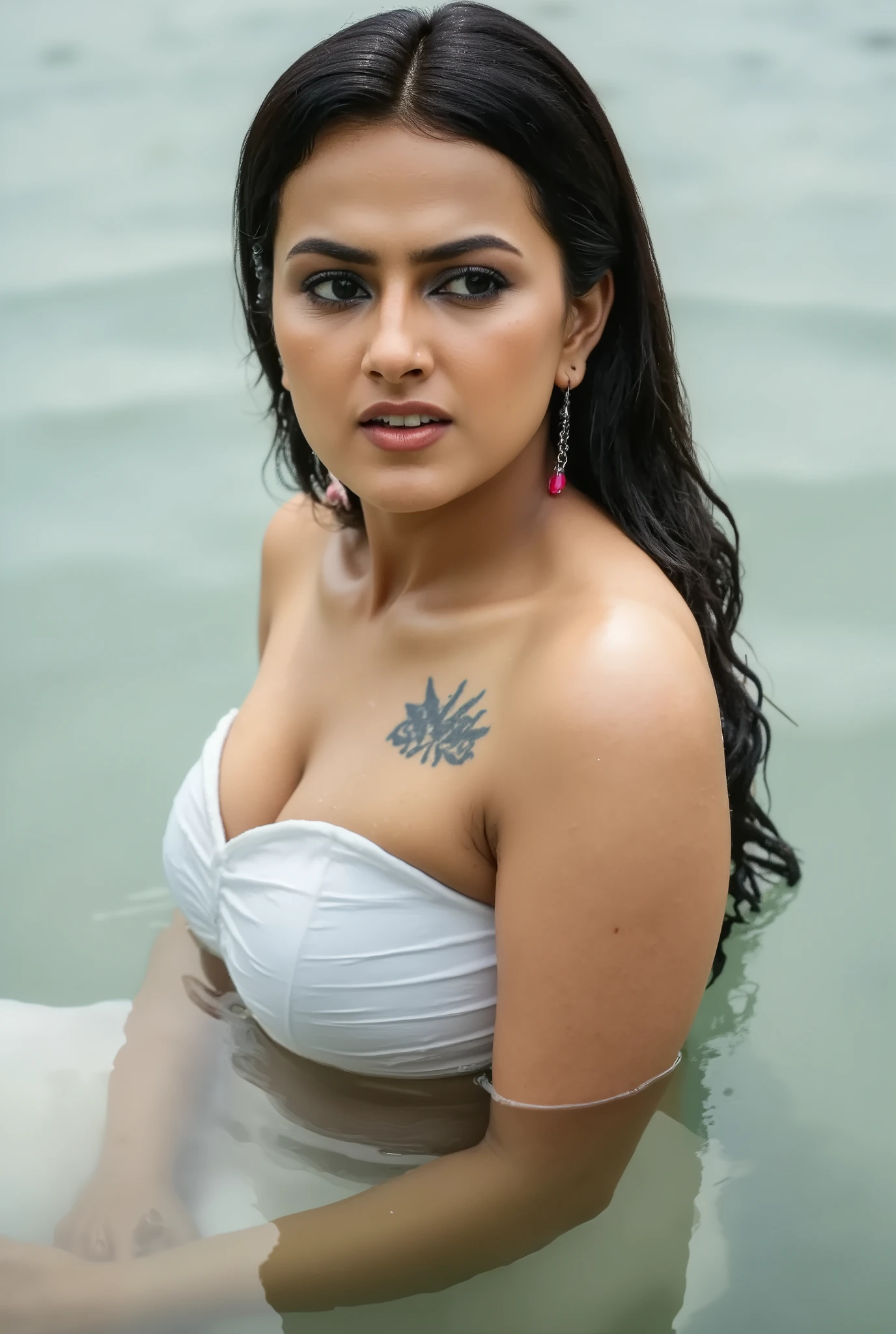 A woman is partially submerged in a crystal-clear pool, wearing a sleek, wet-look swimsuit that clings to her form. The waterline rests just below her chest, creating a striking contrast between the glistening wet fabric and her exposed skin. Droplets shimmer on her shoulders, and her damp hair sticks to her face and neck, enhancing the allure of the moment