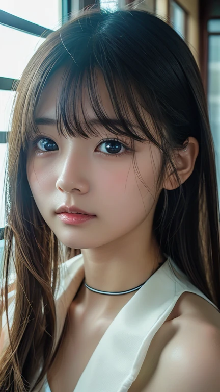 masterpiece, 1 beautiful girls, detaileds, Swollen eyes, top-quality, 超A high resolution, (Realistis: 1.4), OriginalPhotographs, 1Girl, 电影灯光, a smile, japanes, Asian beauty, Proper, very extremely beautiful, Young face, Beautiful skins, slender, simple background, (A hyper-realistic), (illustratio), (hight resolution), (8K), (ighly detailed), (The best illustrations), (beautifully detailed eyes), (ultra-detailliert), (wall-paper), (详细的脸), looking at the viewers, fine detailed, A detailed face、deep-shadows、Unobtrusive、pureerosfaceace_v1、Smile、46-point diagonal bangs、(Facing straight ahead)、Neat Clothing、Black colored eyes、